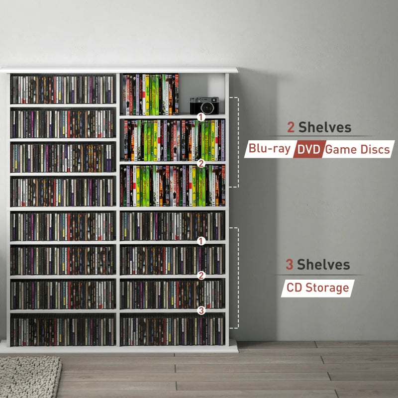 8-Tier DVD Shelf with 12 Adjustable Shelves, Double CD Shelf, Holds 720 CDs, 396 DVDs or 396 Blu-rays, White