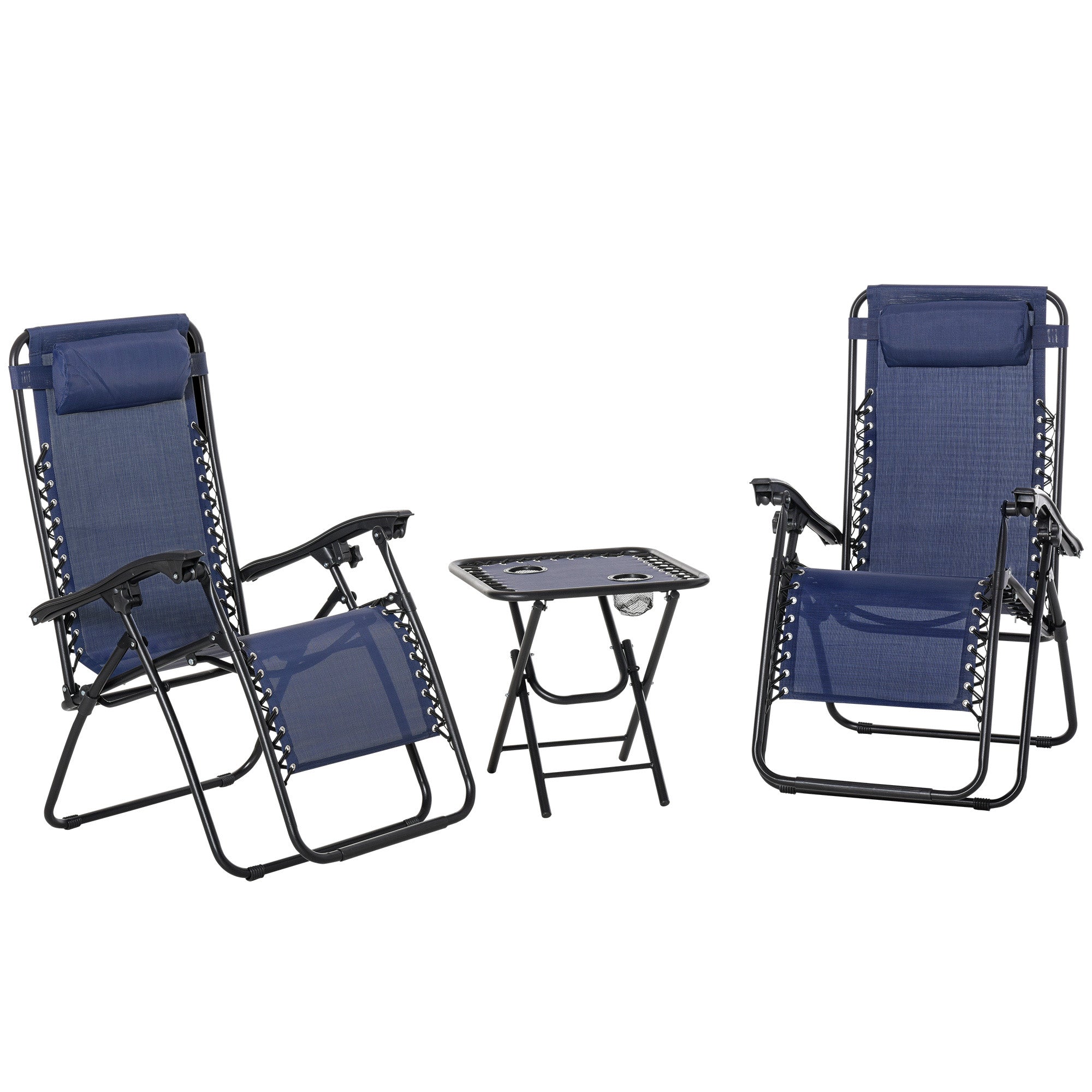 Outsunny 3pcs Zero Gravity Lounger Chair Set Patio Chaise Lounge Side Table Set w/ Cup Holder Blue