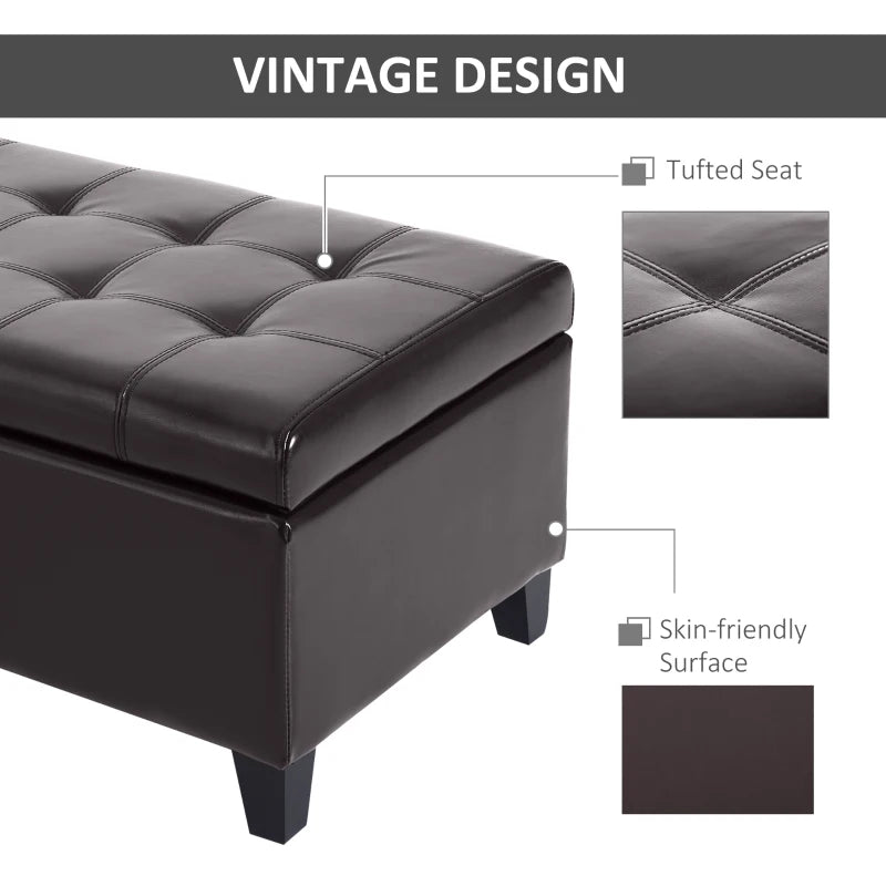 Storage Ottoman Bench, Foot Rest with Solid Wood Legs, 51 Inches PU Leather Storage Chest for Living Room, Brown