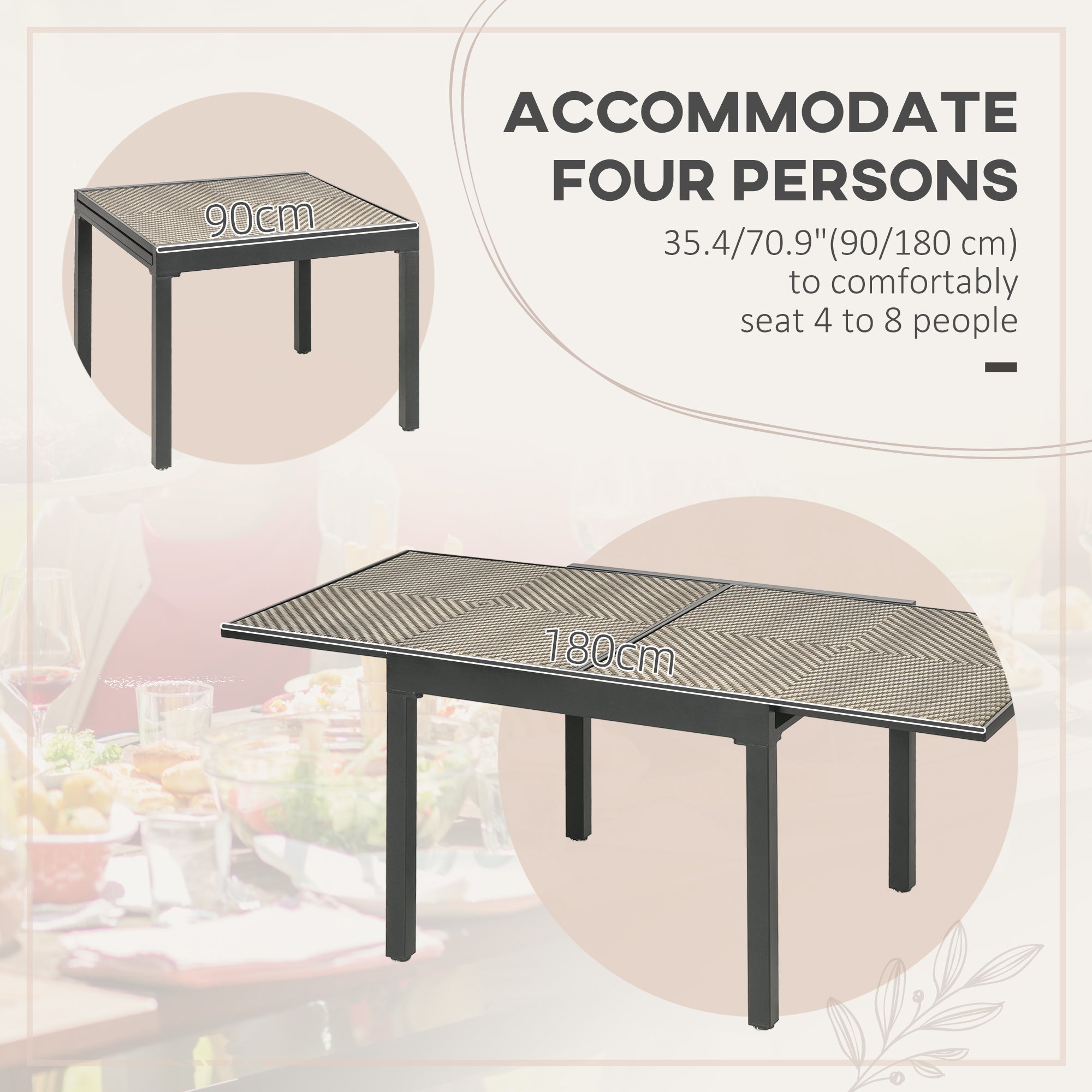 Outsunny Extendable Rattan Dining Table Patio Aluminum Frame Retractable Mixed Brown 90/180 x 90 cm