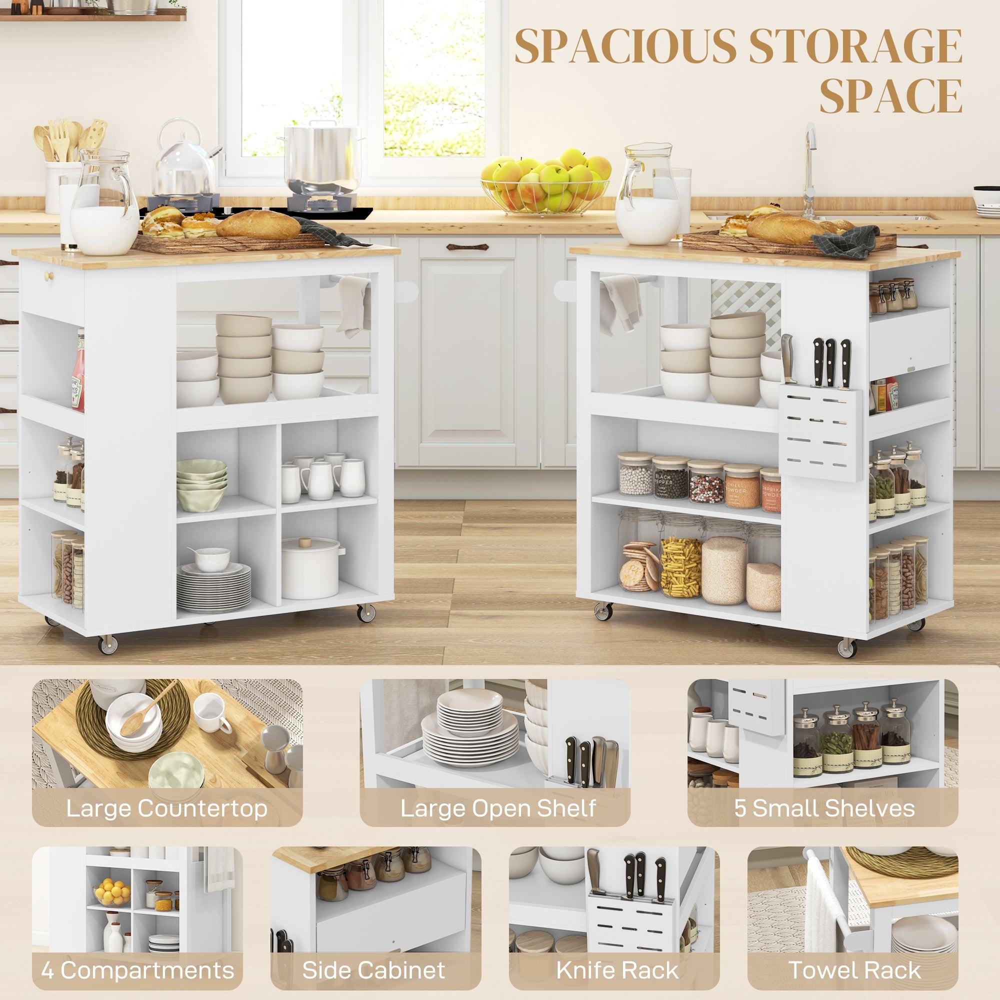 HOMCOM Kitchen Island Table Kitchen Cart with Rubberwood Top, Adjustable Shelves, Knife Rack, Towel Rack, Cabinet, White