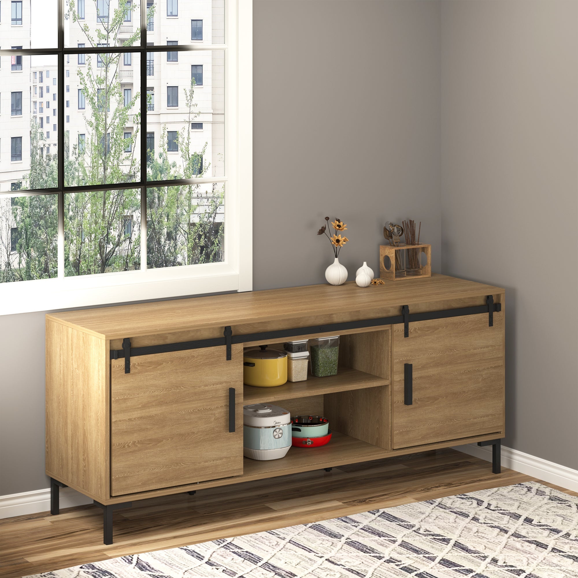 HOMCOM 6ft Double Door Sliding Barn Door Hardware Kit for Cabinets Wardrobe TV Stand with Smooth Glide