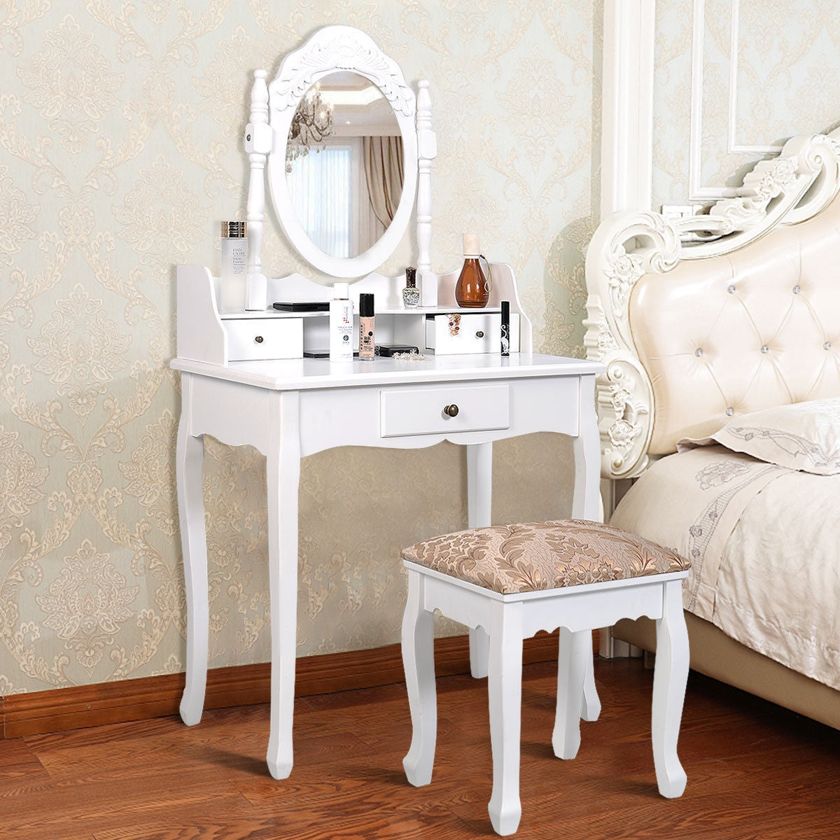 Vanity Makeup Dressing Table with Rotating Mirror and 3 DrawersÂ