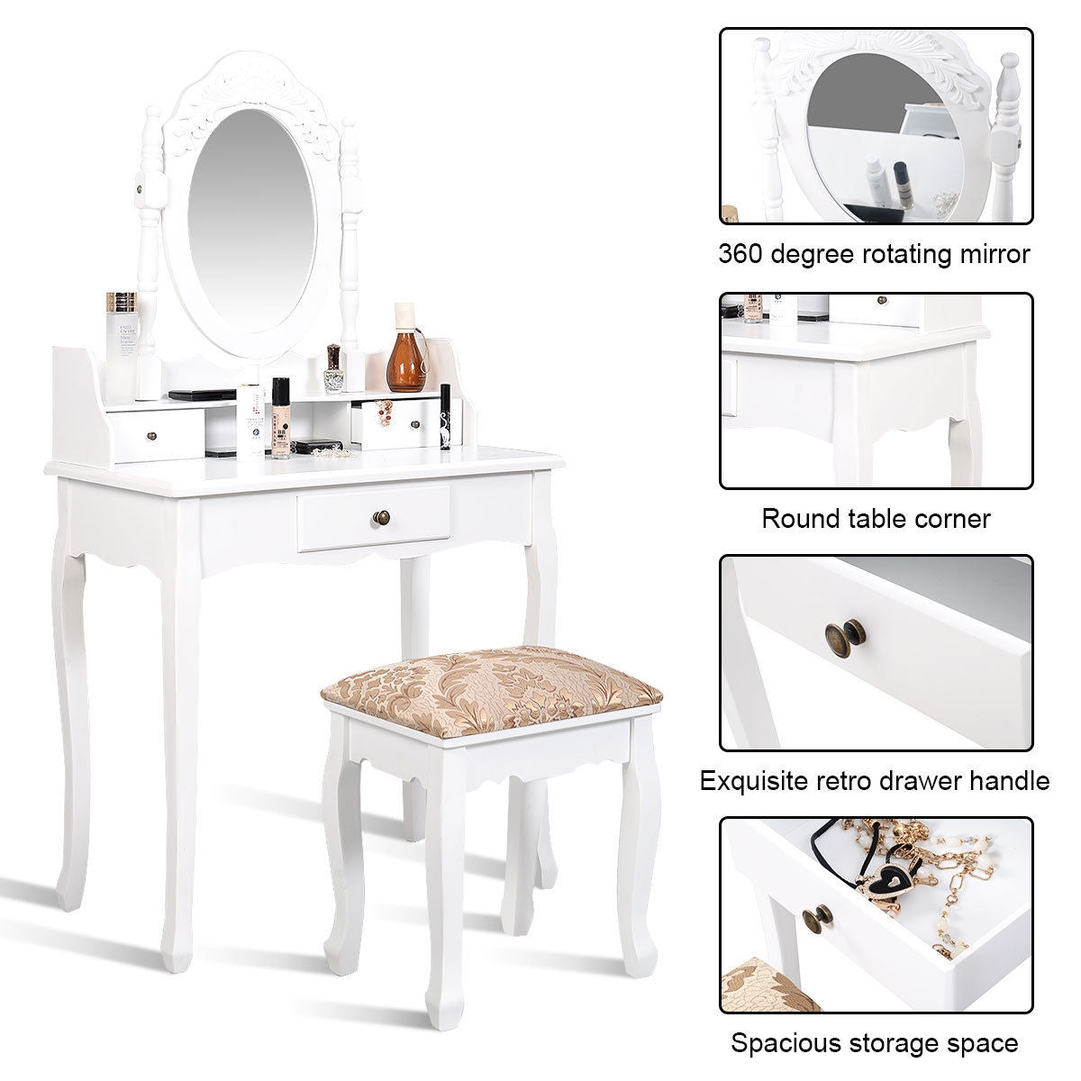 Vanity Makeup Dressing Table with Rotating Mirror and 3 DrawersÂ