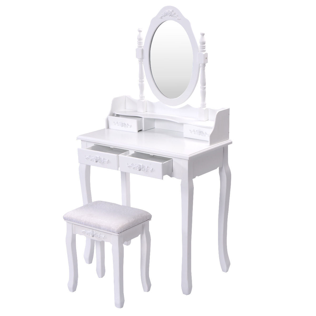 Wood Vanity Table Set with Oval Mirror and 4 Drawers for Kids Girls Women-WhiteÂ