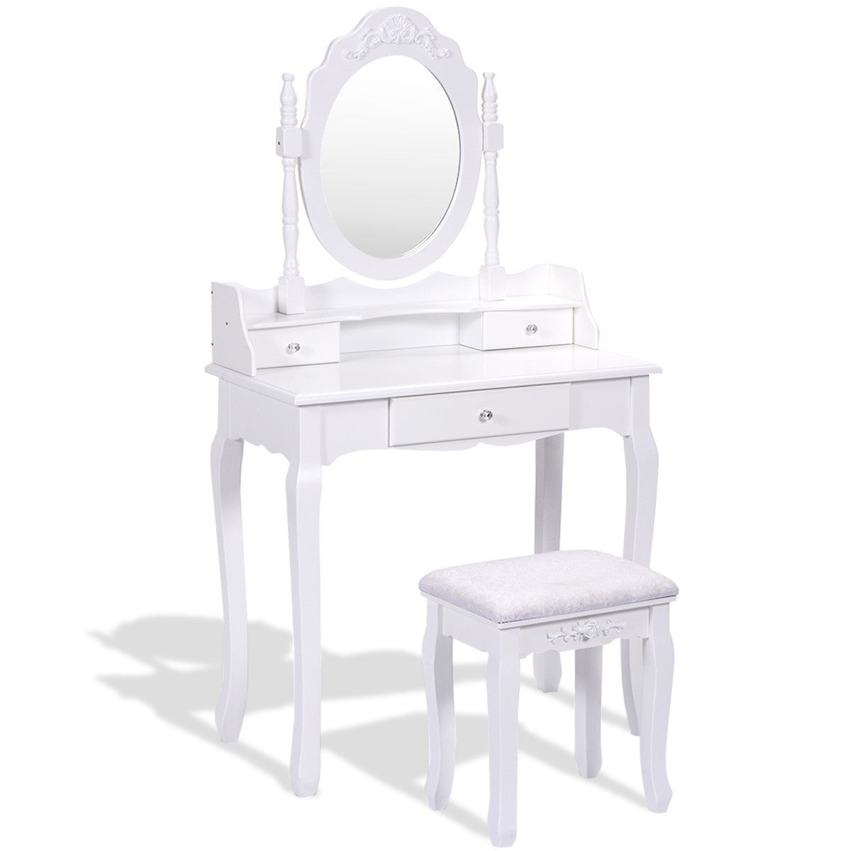 Vanity Table Set with Cushioned Stool with 360° Rotating Oval Mirror and Three Drawers-WhiteÂ