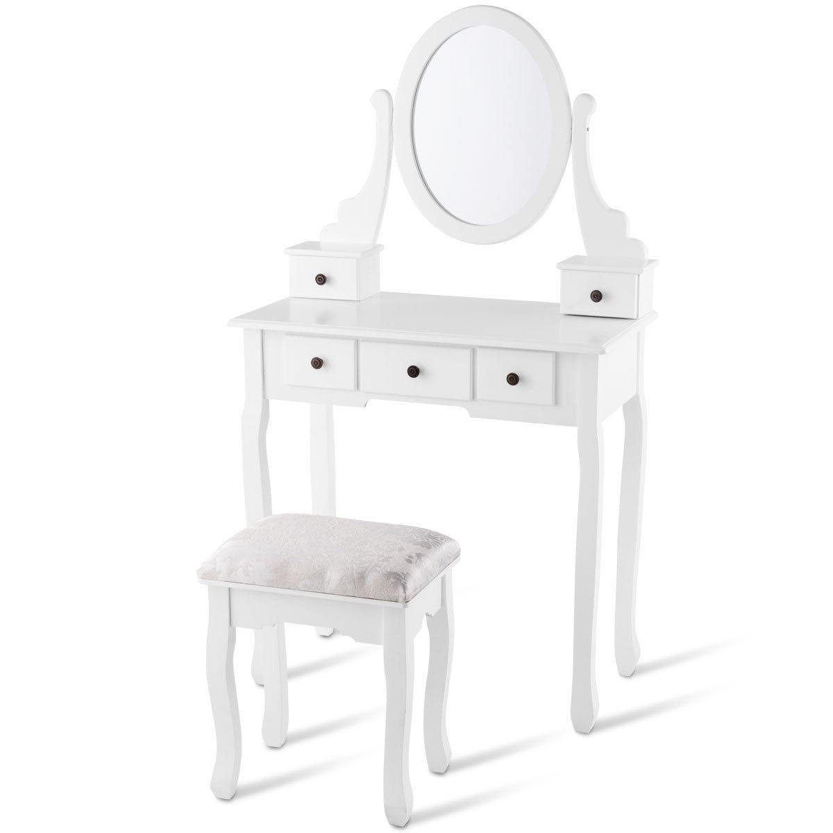 Dressing Table Set with Oval Mirror Stool and 5 Storage DrawersÂ