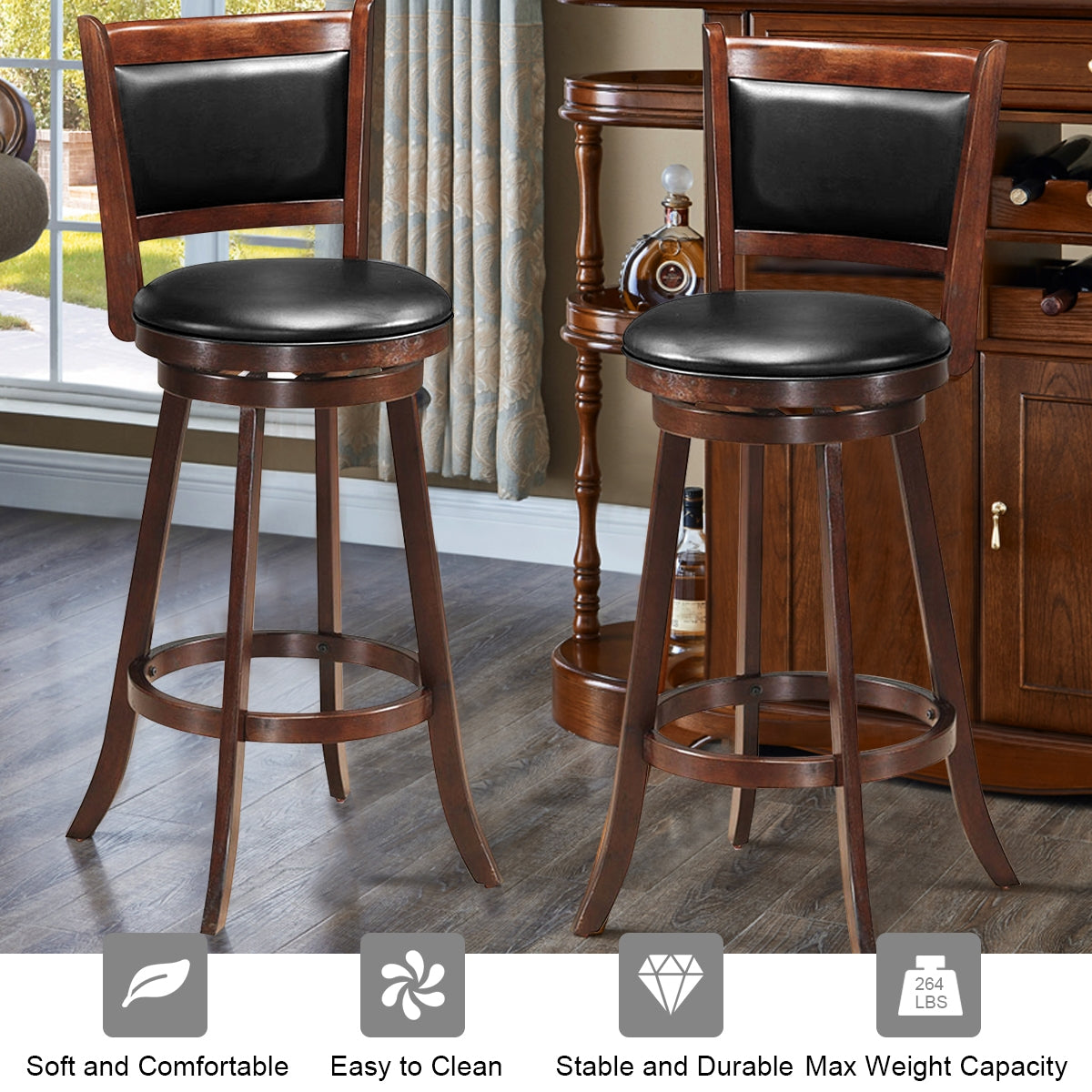 Set of 2 29 Inch Swivel Bar Height Stool Wood Dining Chair Barstool-BrownÂ