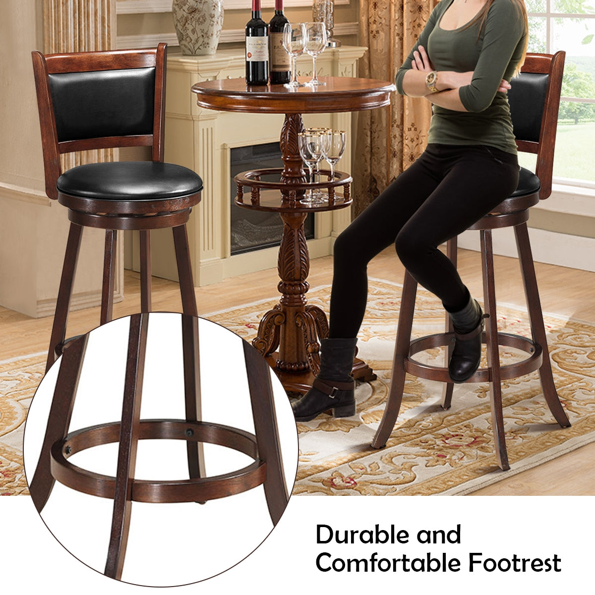Set of 2 29 Inch Swivel Bar Height Stool Wood Dining Chair Barstool-BrownÂ