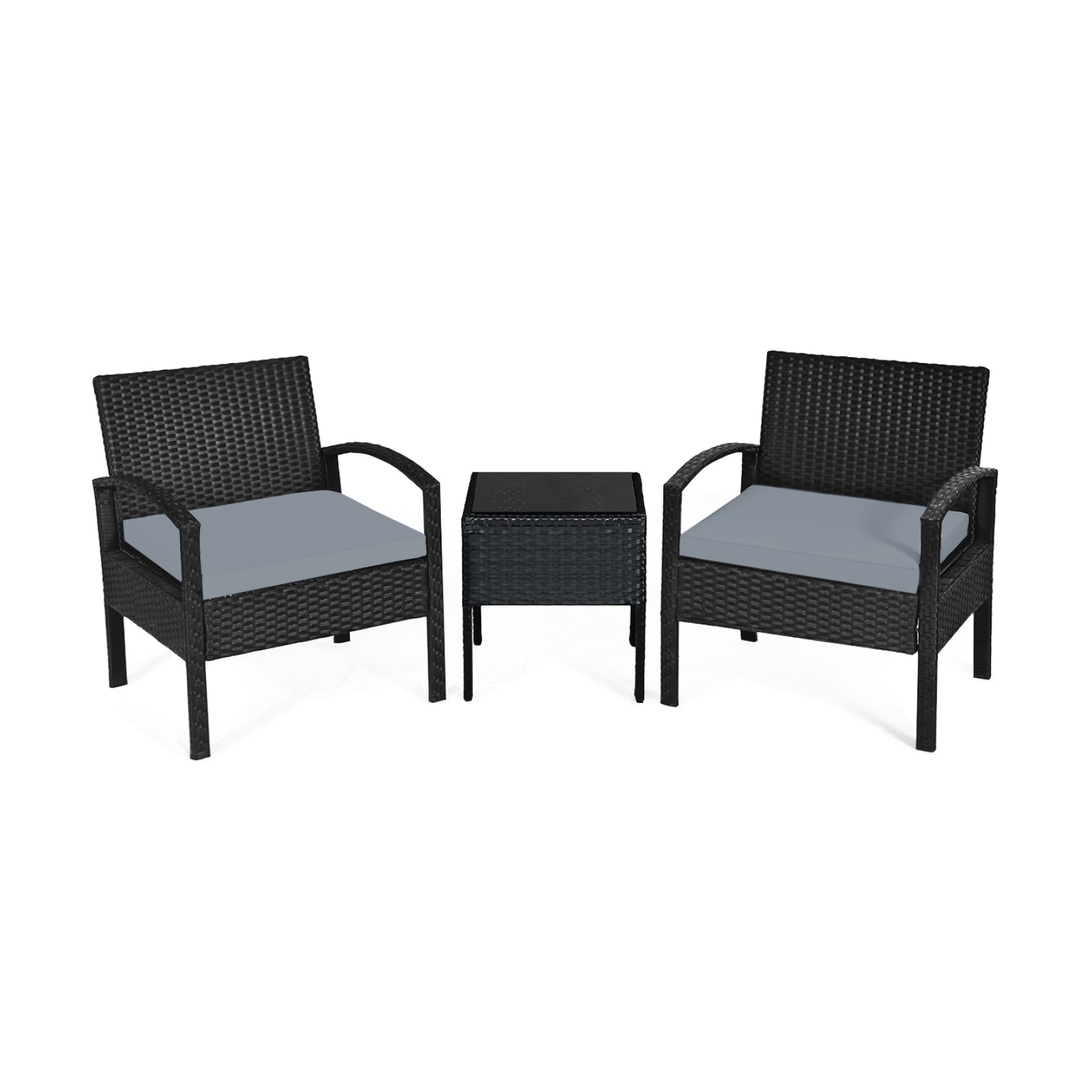 3 Pieces Outdoor Rattan Patio Conversation Set with Seat Cushions-GrayÂ