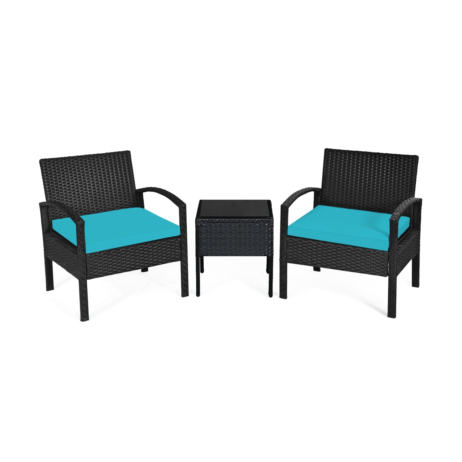 3 Pieces Outdoor Rattan Patio Conversation Set with Seat Cushions-TurquoiseÂ