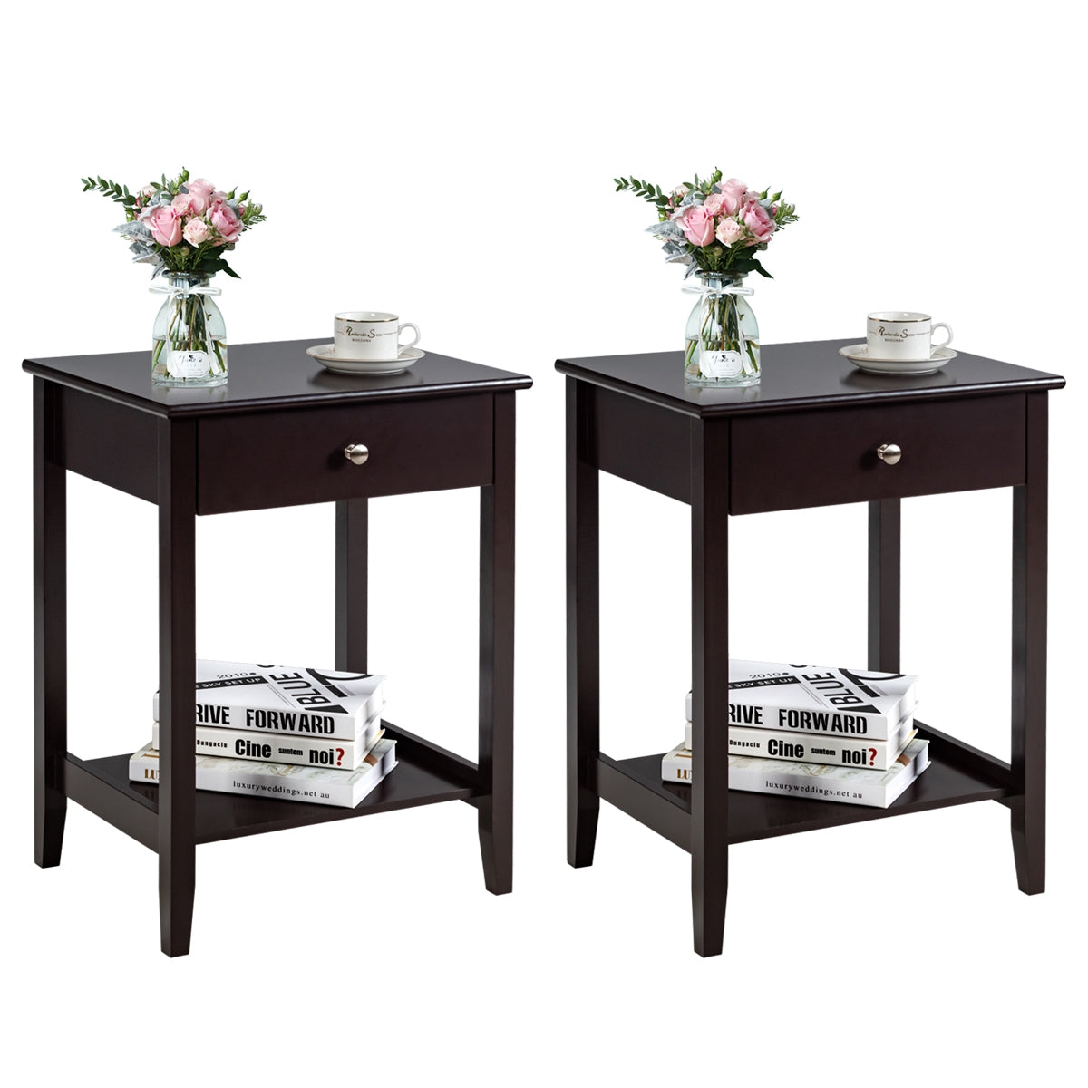 Set of 2 Wooden Bedside Sofa Table-BrownÂ