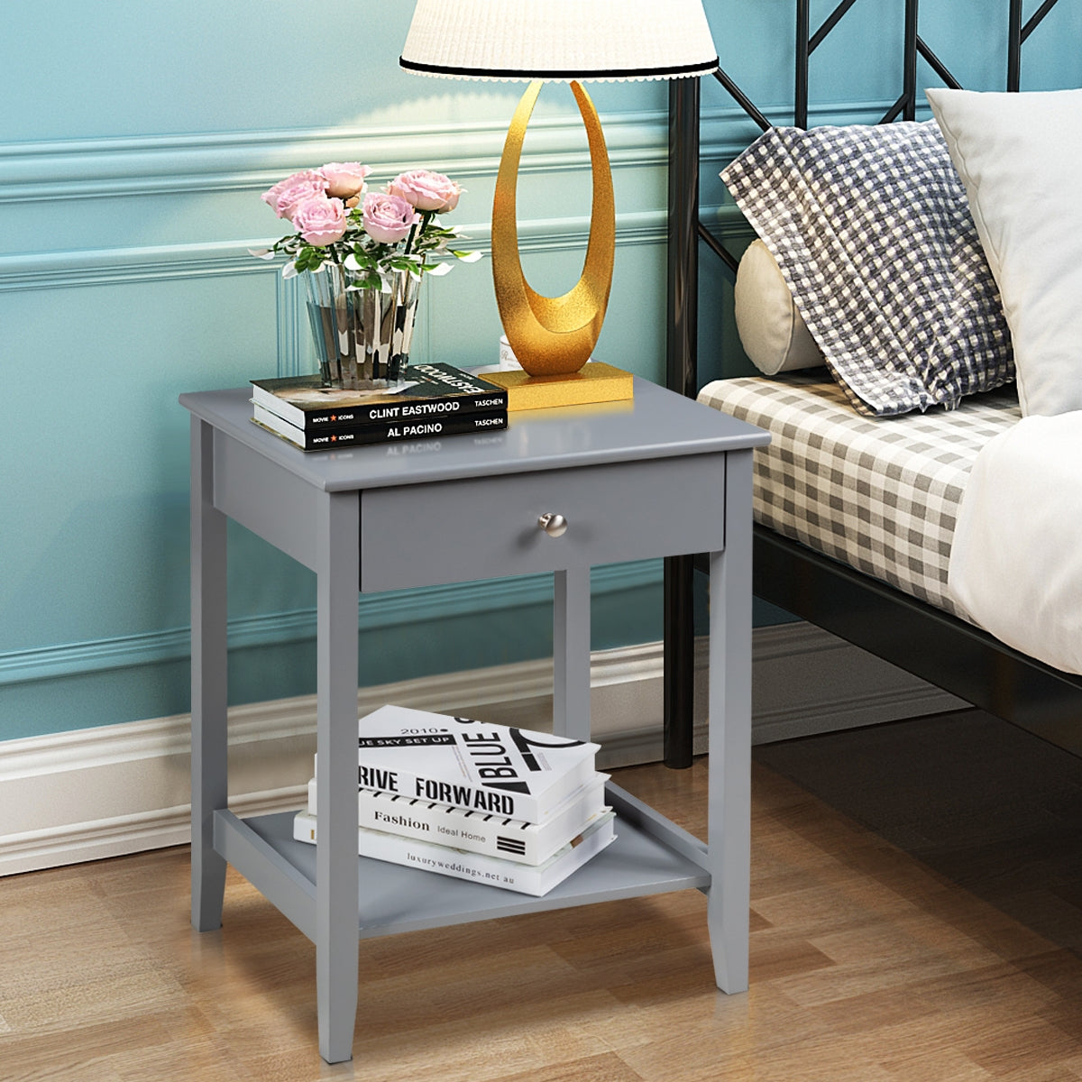Set of 2 Wooden Bedside Sofa Table-GrayÂ