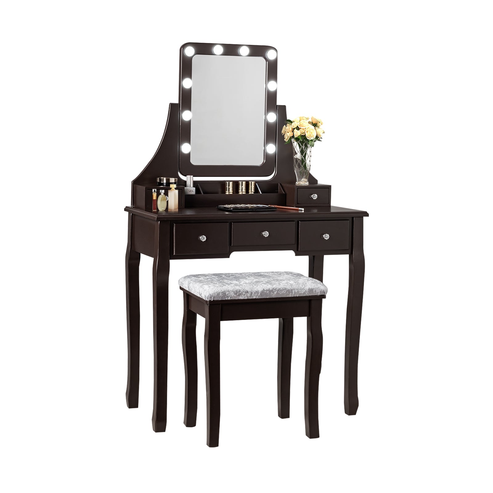 Vanity Dressing Table Set with 10 Dimmable Bulbs and Cushioned Stool-BrownÂ