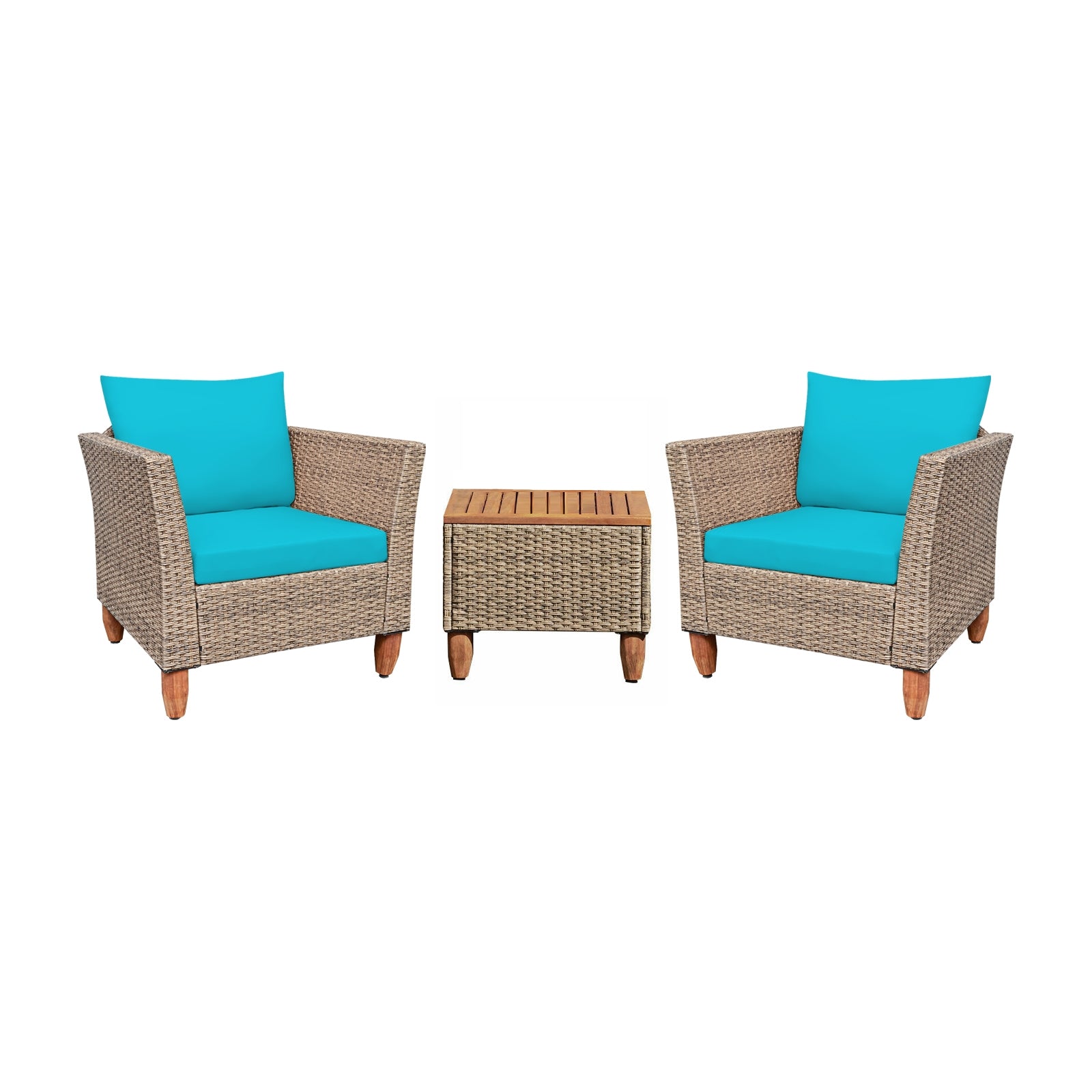 3 Pieces Patio Rattan Furniture Set with Washable Cushion for Yard Porch-Turquoise
