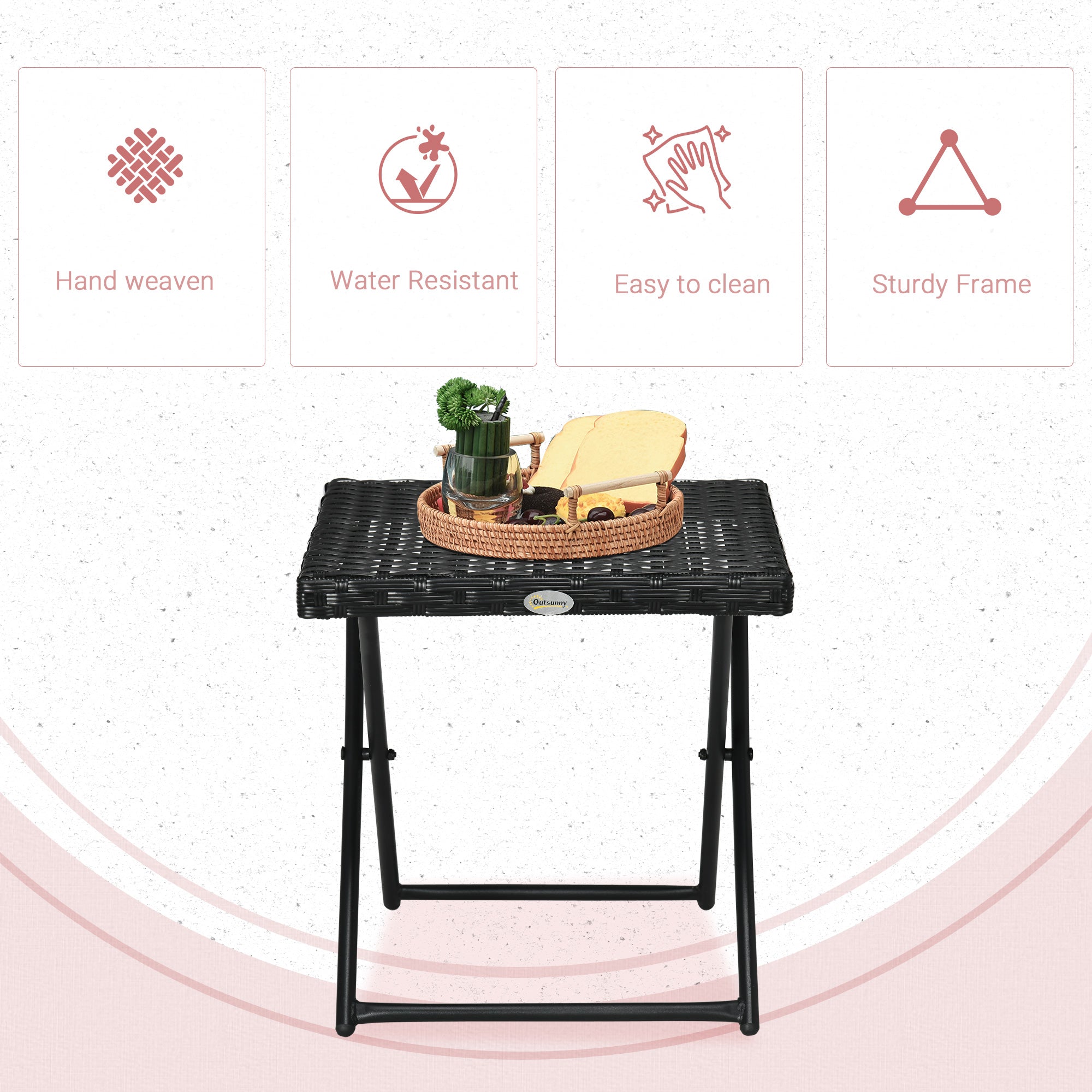 Outsunny Patio Wicker Coffee Table, Outdoor PE Rattan Garden Folding Side Table, 15.75"x15.75"x15.75", Black