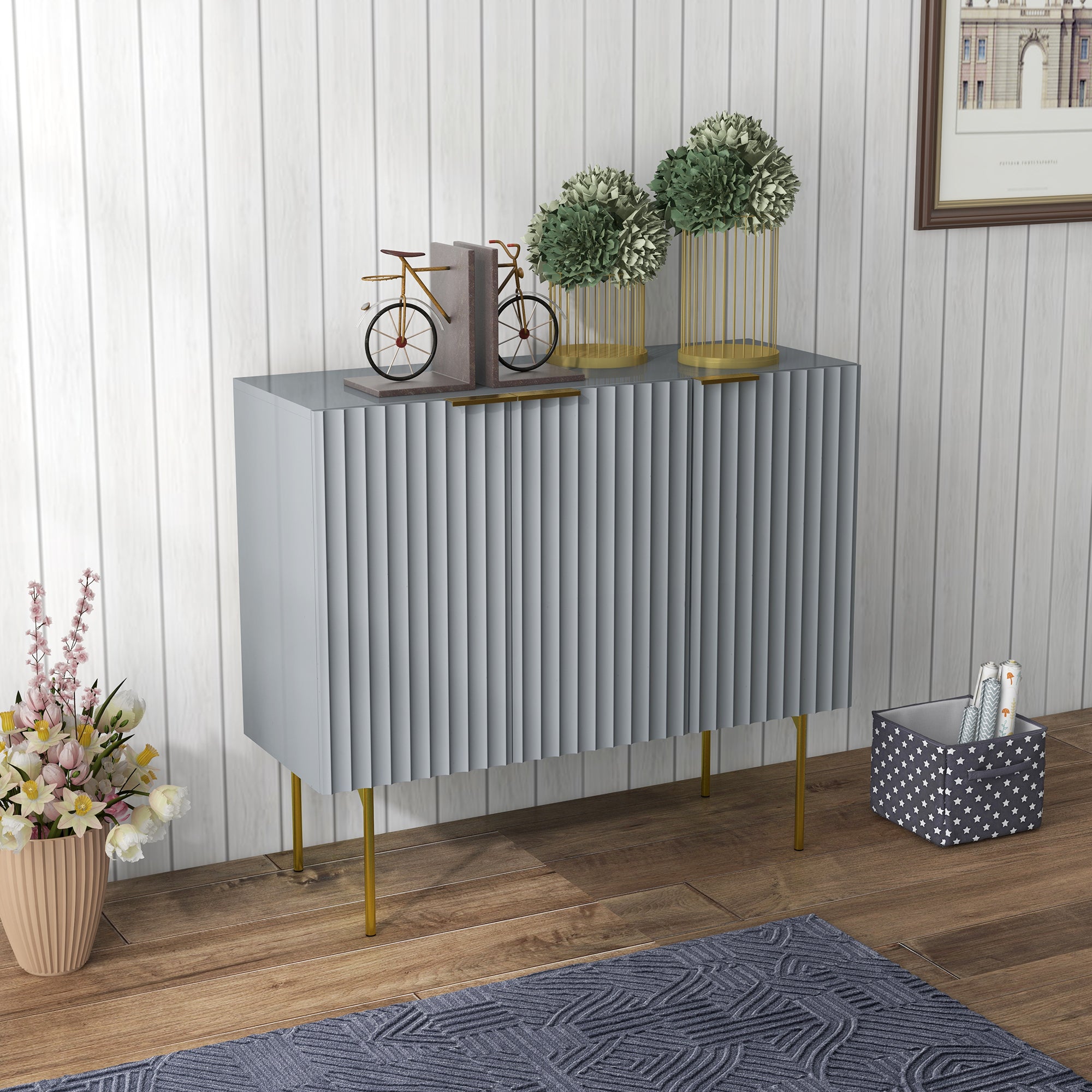 HOMCOM Sophisticated Sideboard: Grey Buffet Cabinet with Gold Legs for Dining Room, Living Room, Hallway Elegance