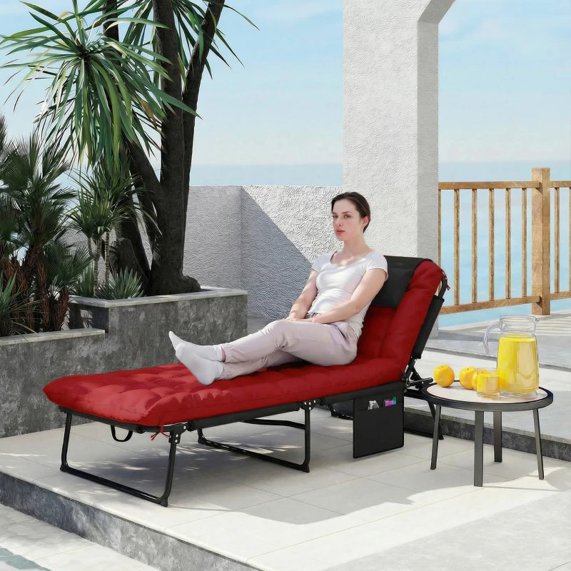 Folding Lounge Chair with 4-level Reclining Back & Cushion, Wine Red