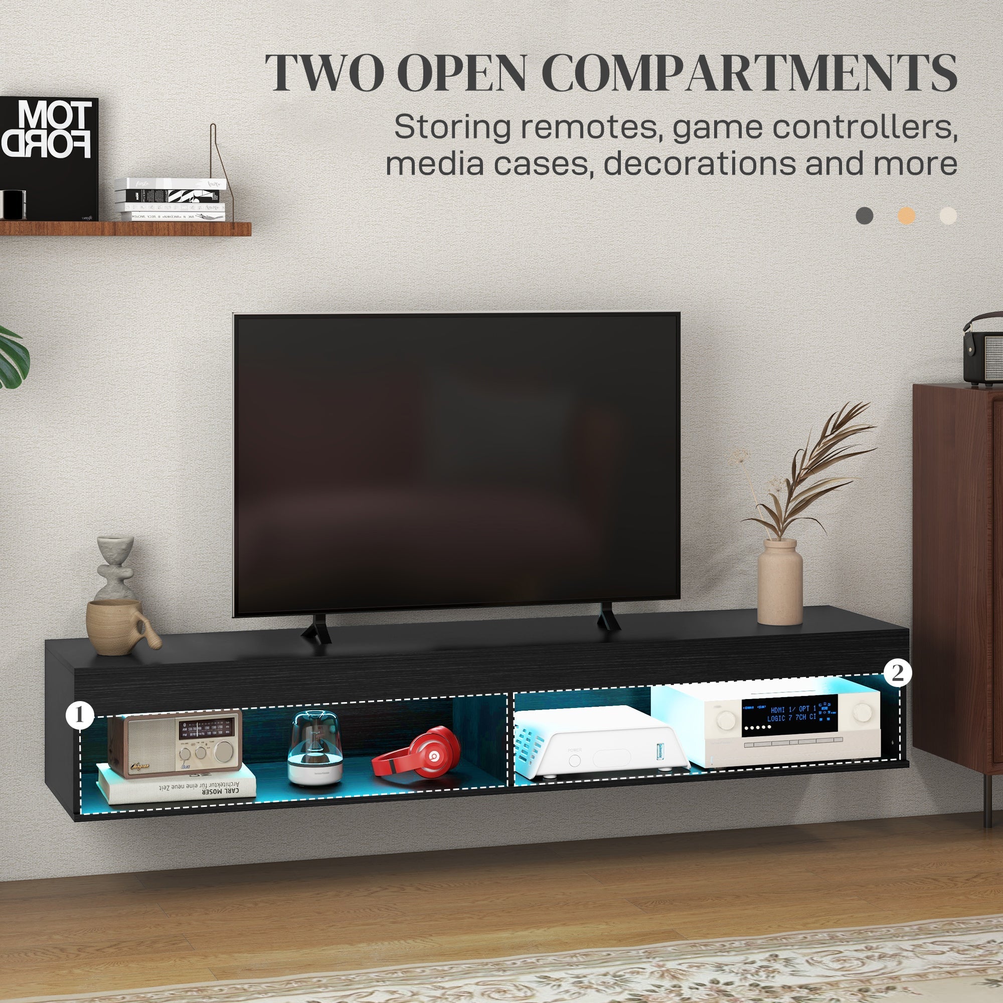 HOMCOM Modern Wall Mounted Floating TV Stand with Storage LED Lights for TVs up to 75" TV Shelf Living Room Black