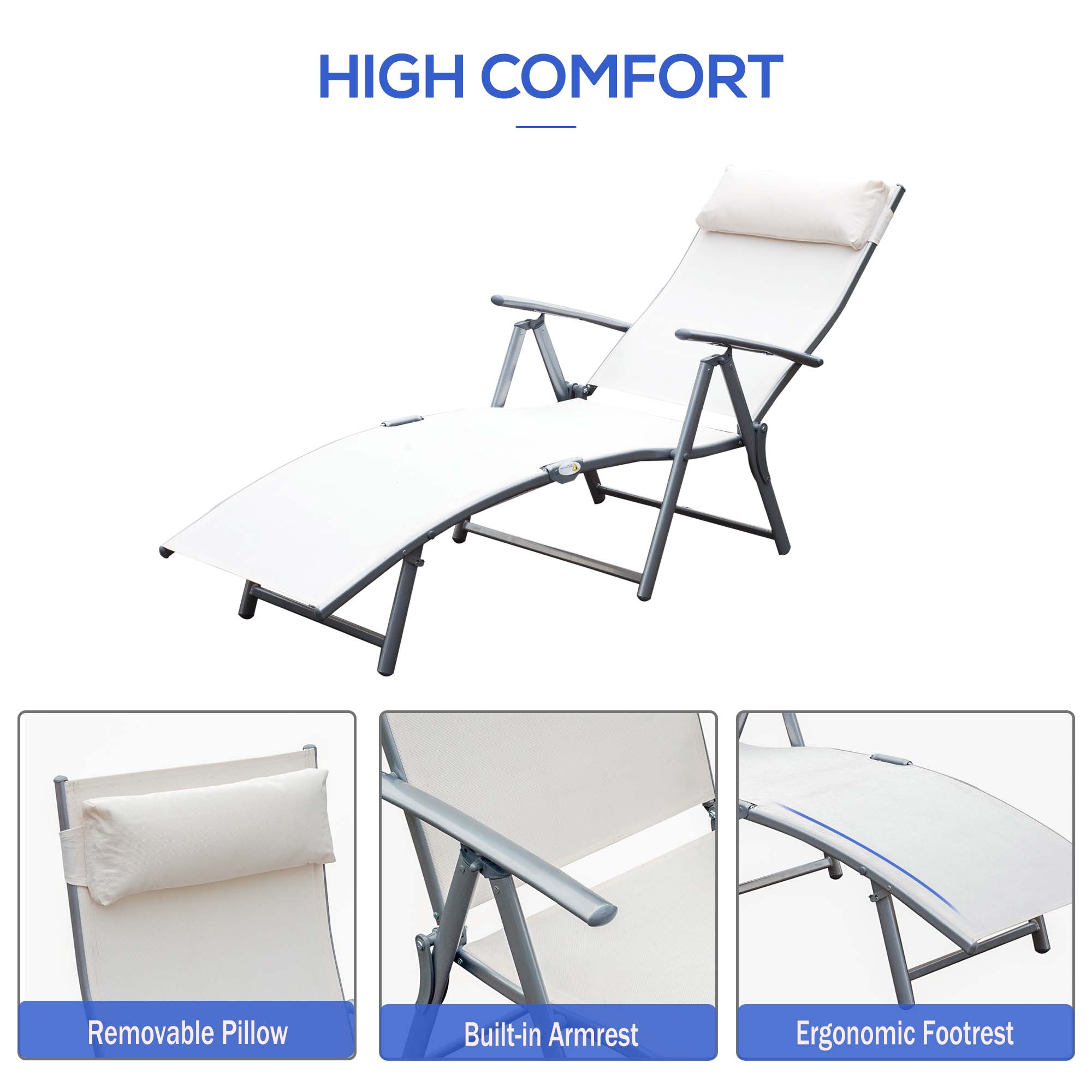 Outsunny Adjustable Reclining Patio Chaise Lounge Chair Tri-Fold Outdoor Garden Sun Lounger Cream