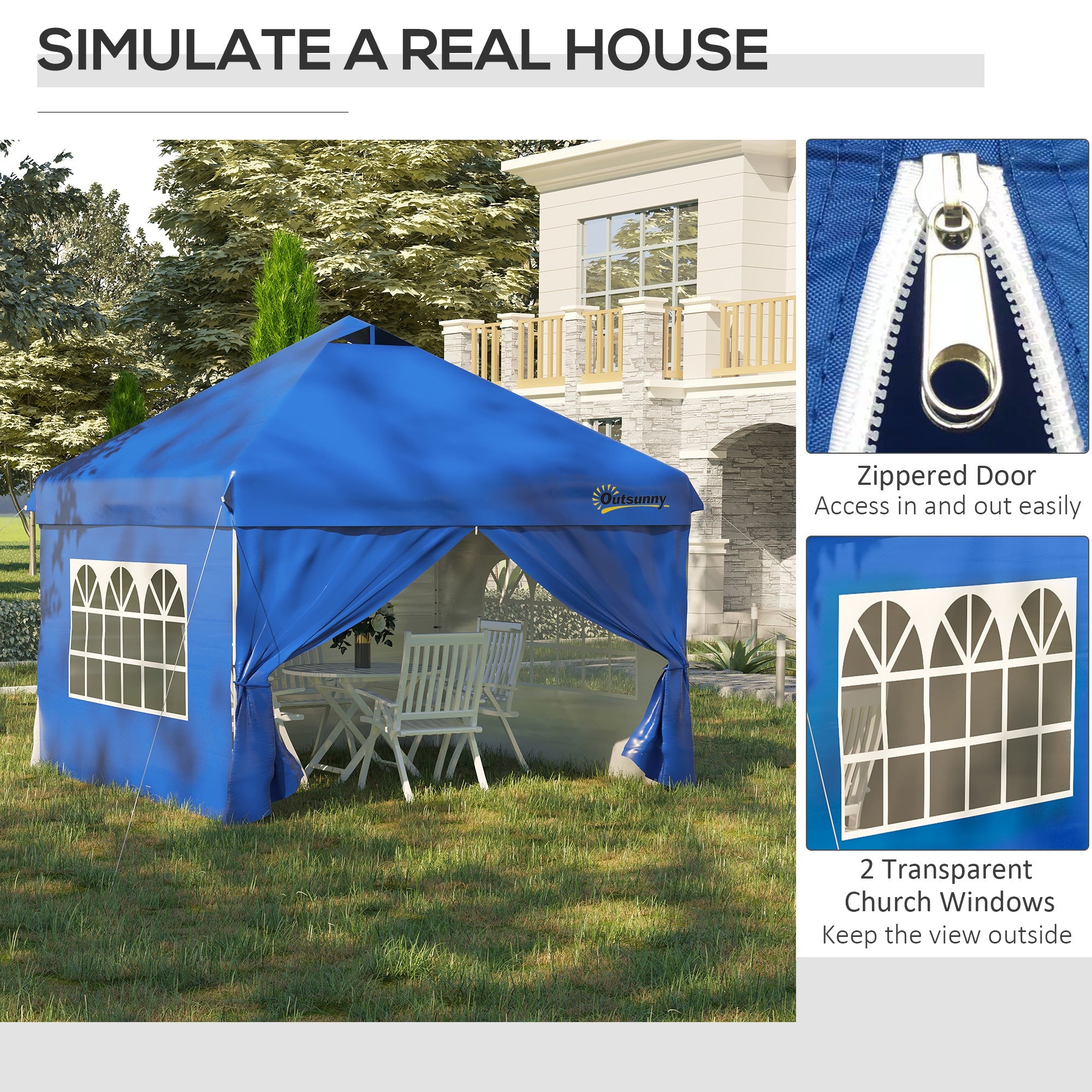 Outsunny 10' x 10' Pop Up Canopy Tent, Instant Shelter Tent with Sidewalls, Windows, Roller Bag and Sand Bags for Garden, Patio, Blue
