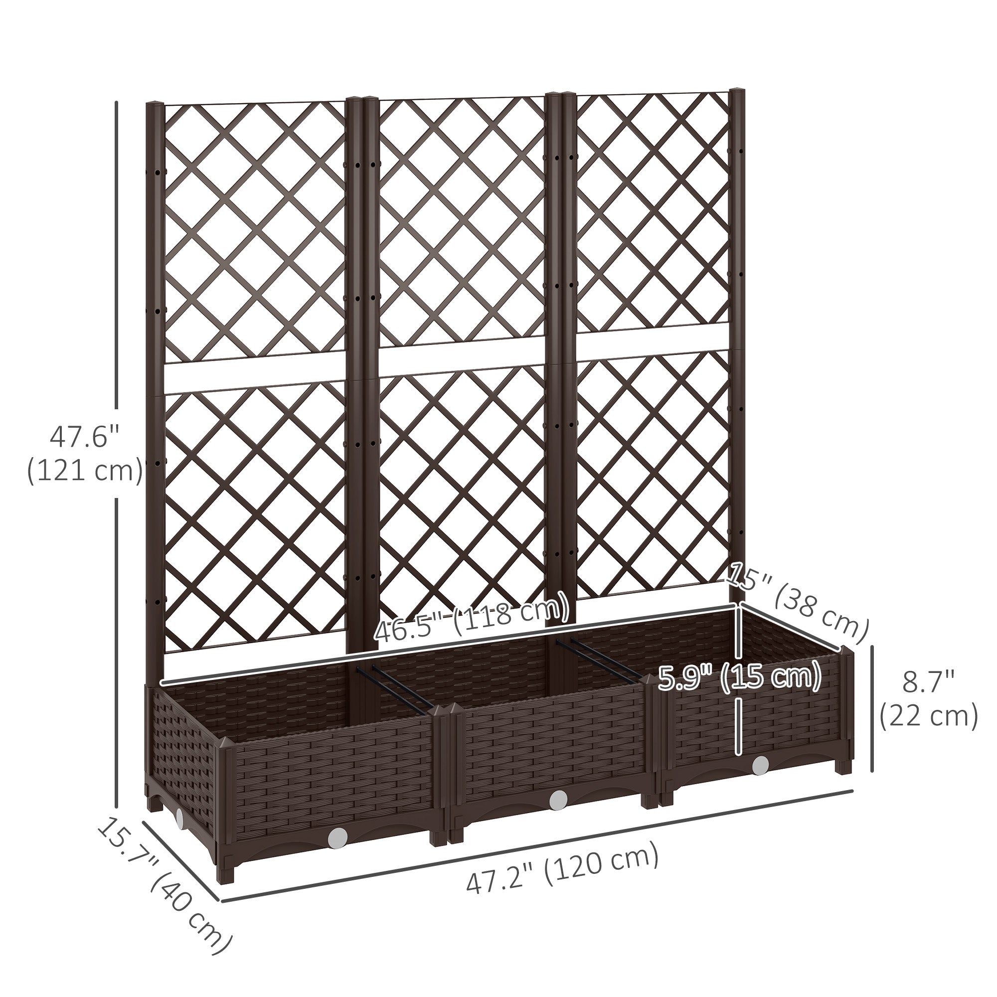 Outsunny Raised Garden Bed with Trellis, Plastic Raised Flower Bed with Drainage Holes and Drain Plugs, 47" x 16" x 48"
