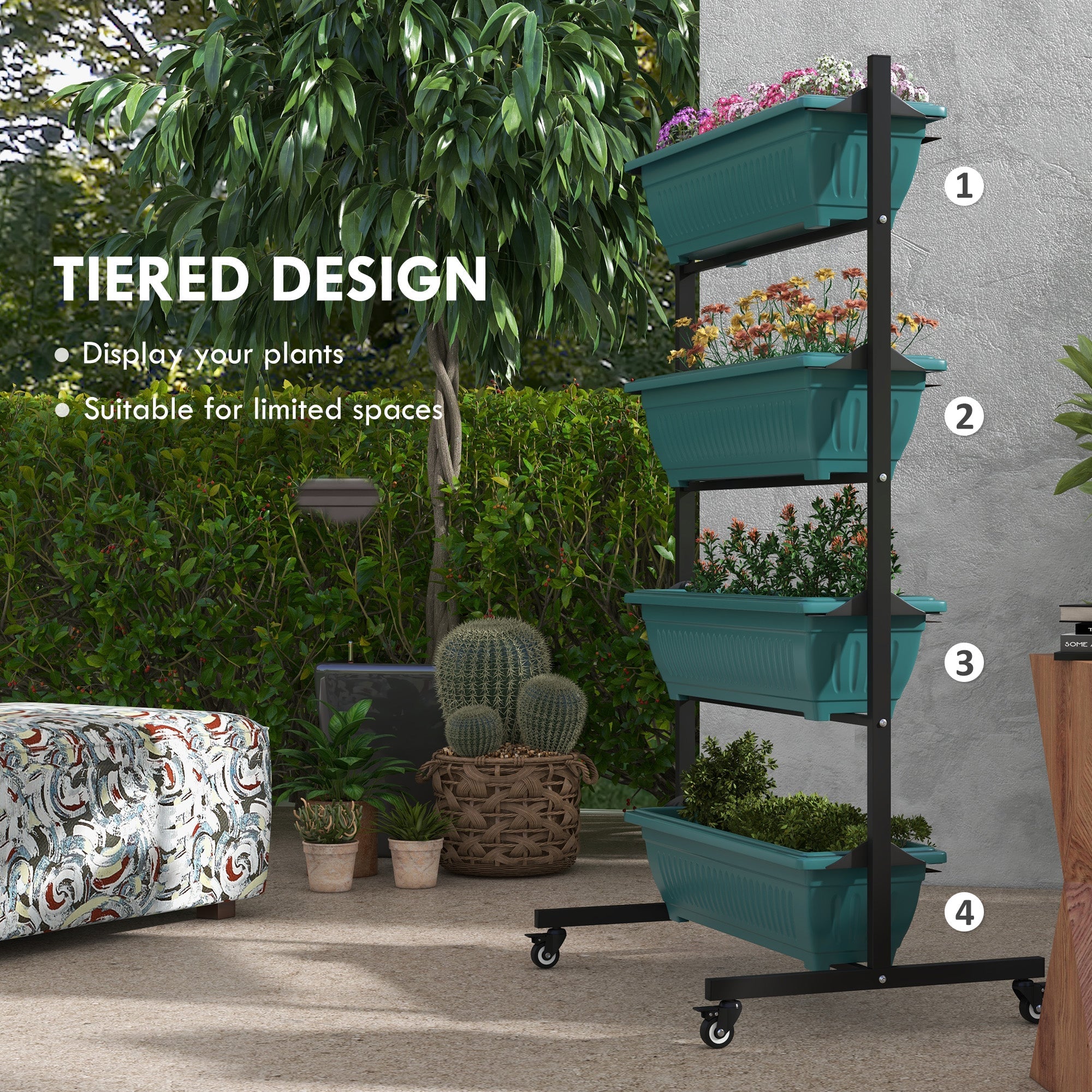 Outsunny Mobile 4-Tier Vertical Garden Planter with Wheels 4 Planting Boxes for Vegetables Flowers Green Outdoor Stand