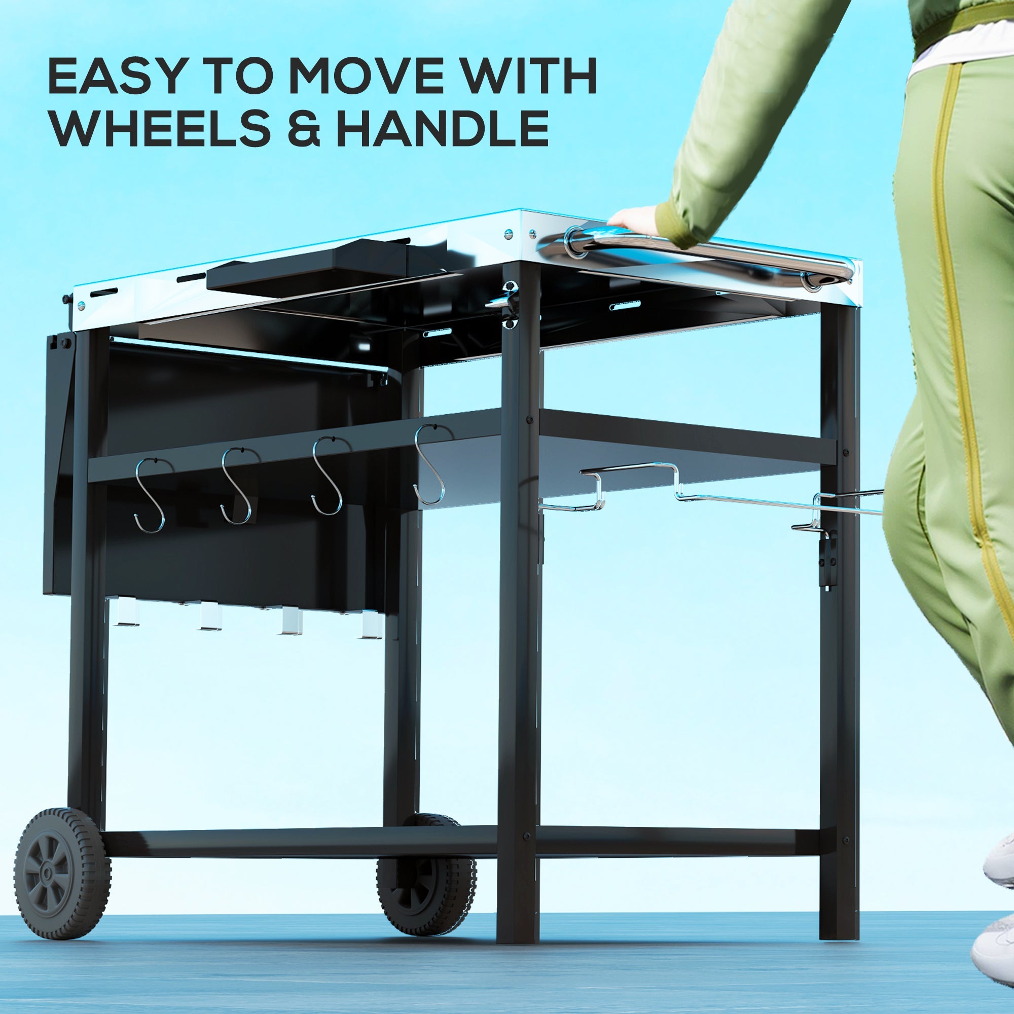 Outsunny Outdoor Bar Cart BBQ Table with Wheels, Stainless Steel Pizza Oven Stand, Outdoor Kitchen Cart with Storage and Hooks