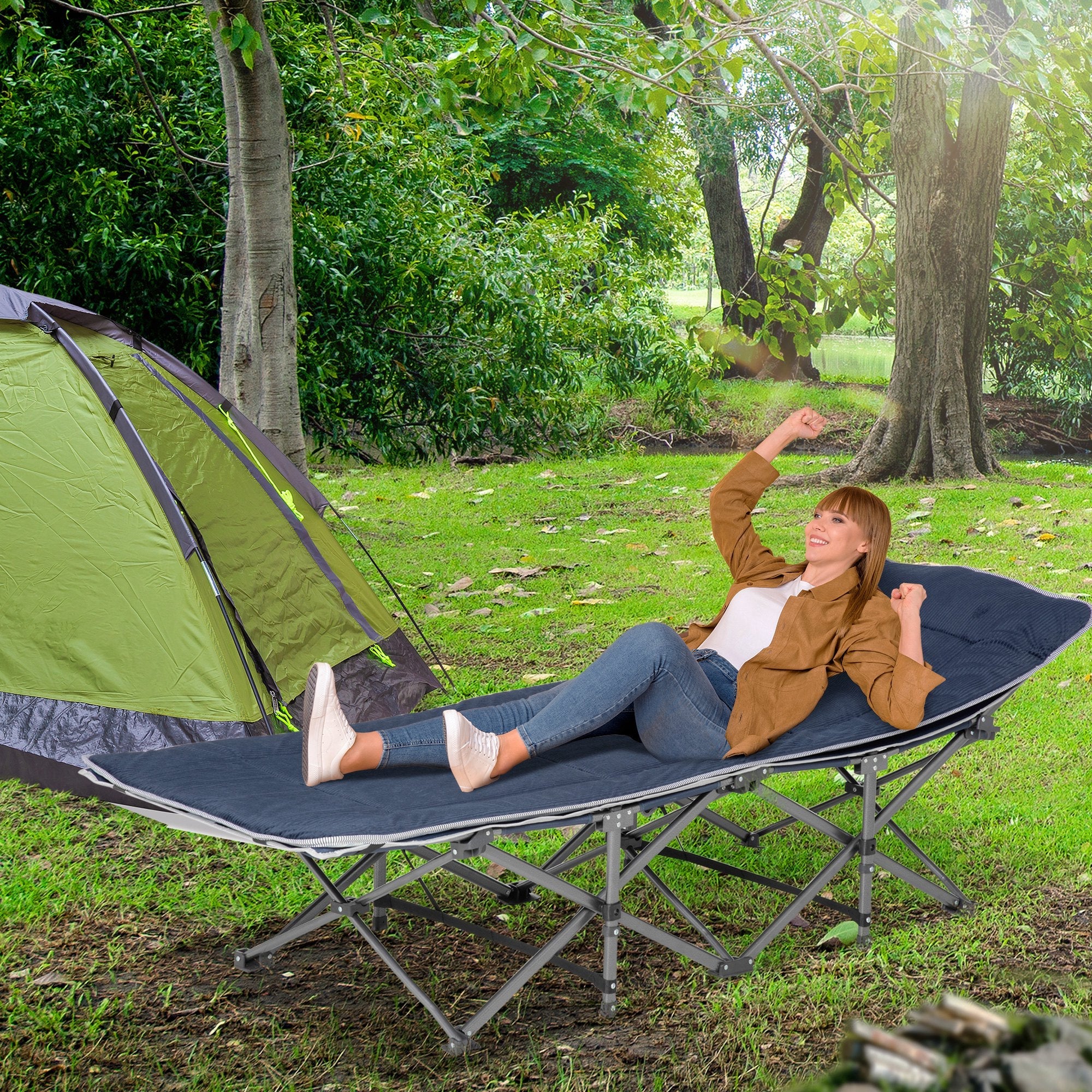 Outsunny Folding Camping Cot for Adults with Mattress Pillow Double Layer Oxford Heavy Duty Sleeping Cot Carry Bag Blue