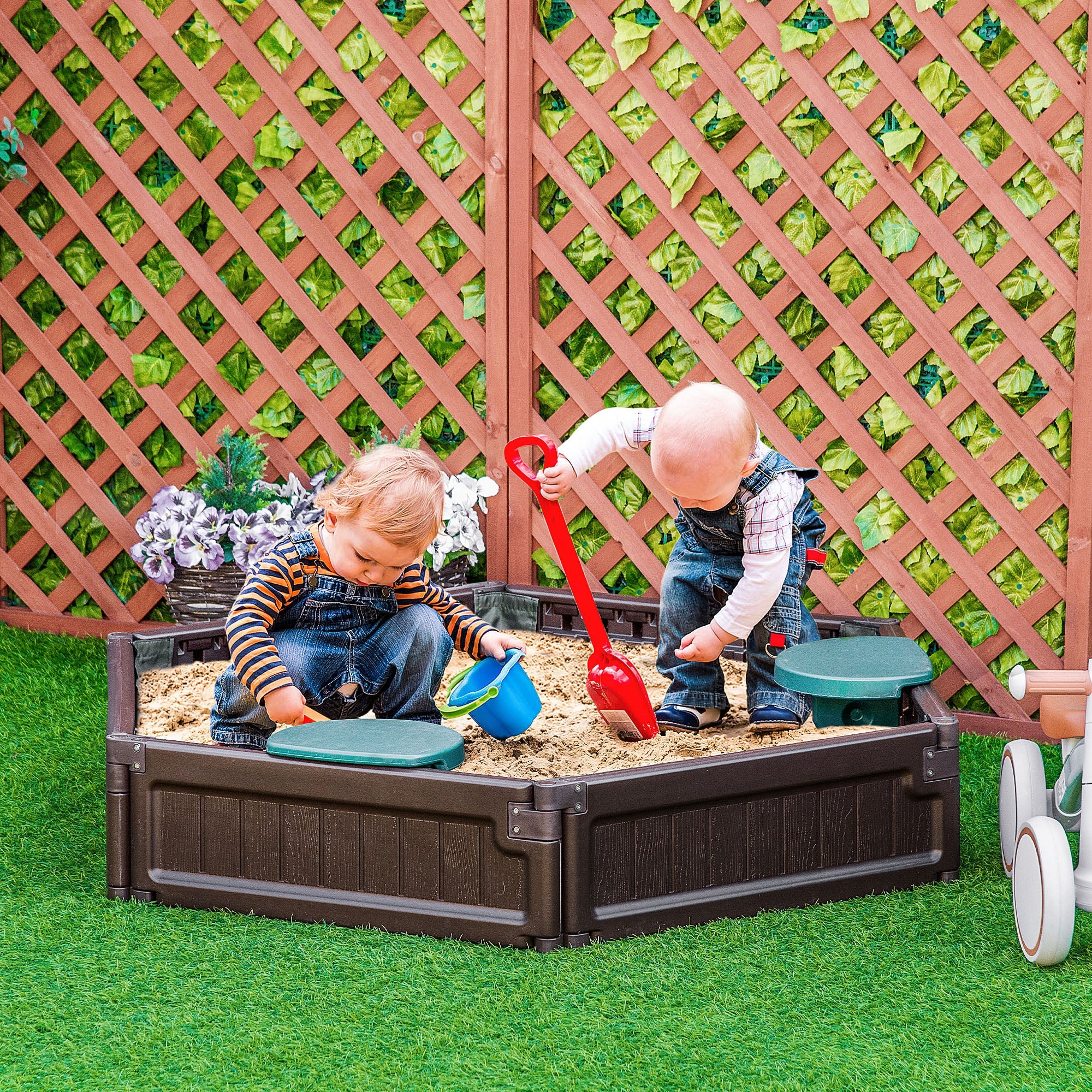 Outsunny Sandbox for Kids with Cover DIY Sandpit Outdoor Play 3 Seats Bottom Liner Backyard