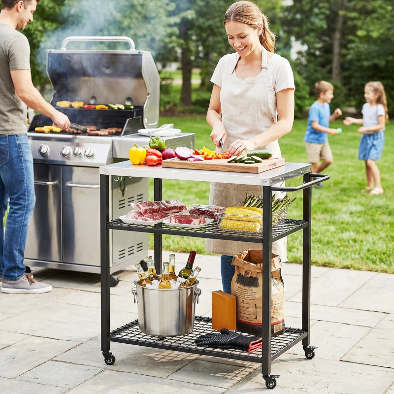 Outdoor Grill Cart with Stainless Steel Top, Two-Shelf Pizza Oven Stand, Food Prep Table on Wheels, Black