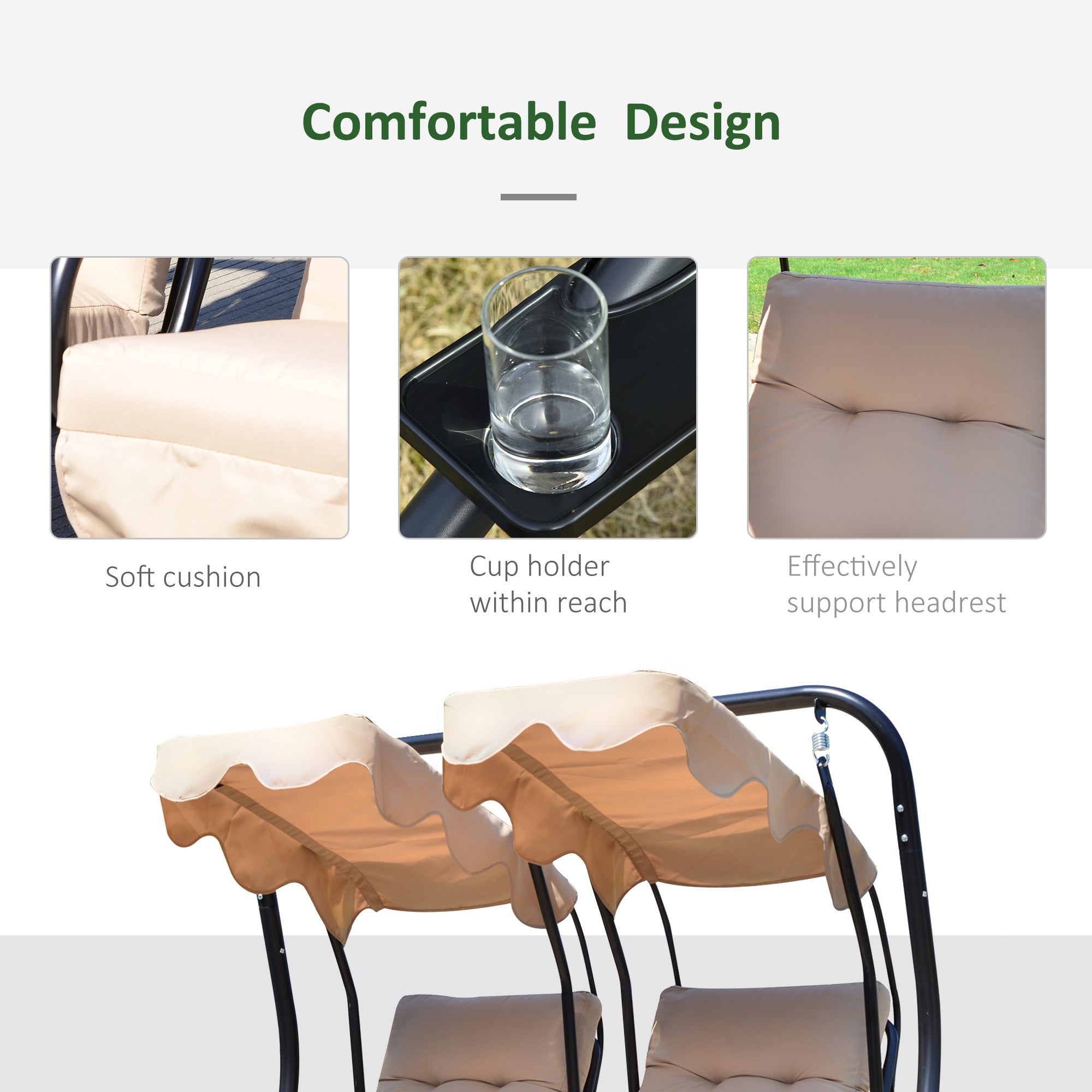 Outsunny Luxury Metal Swing Chair 2 Seater Hammock Heavy-Duty with Canopy Cushions Beige