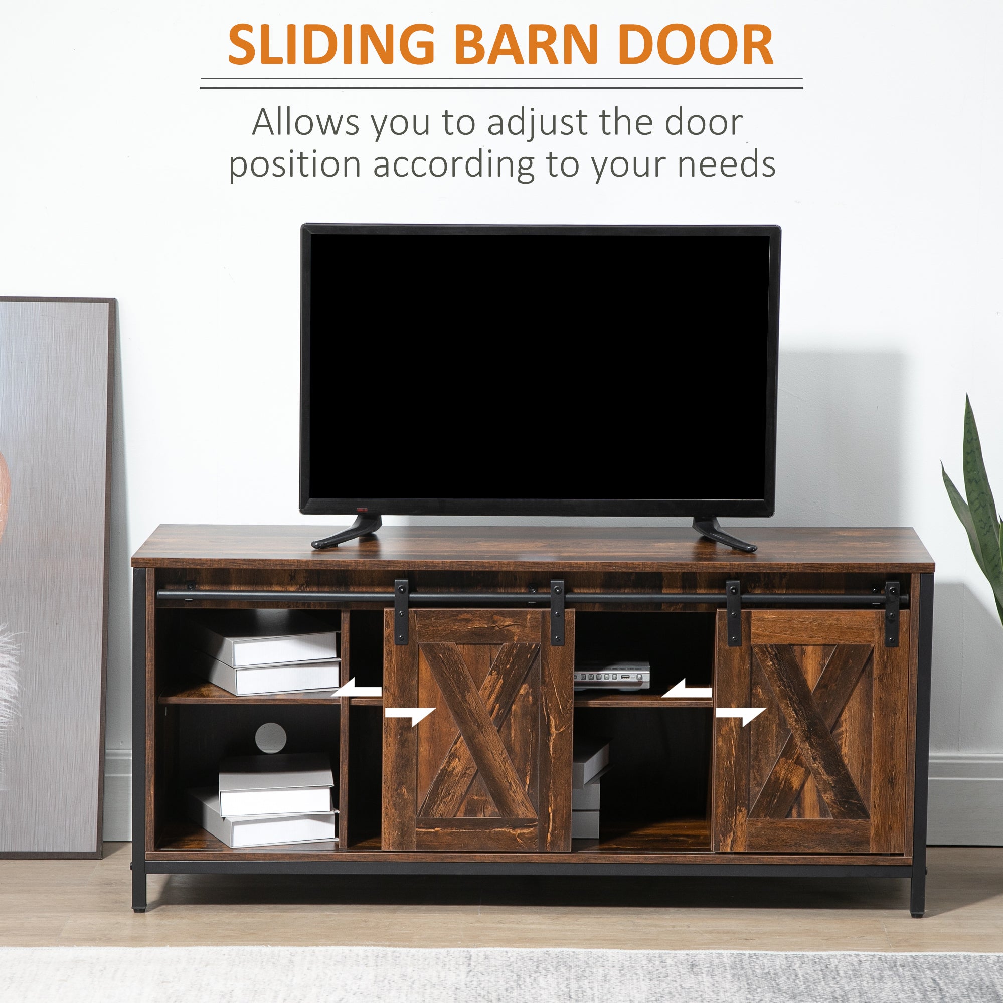 HOMCOM Industrial TV Stand: 60" TV Console, Sliding Barn Doors, Storage, Freestanding Entertainment Unit, Brown