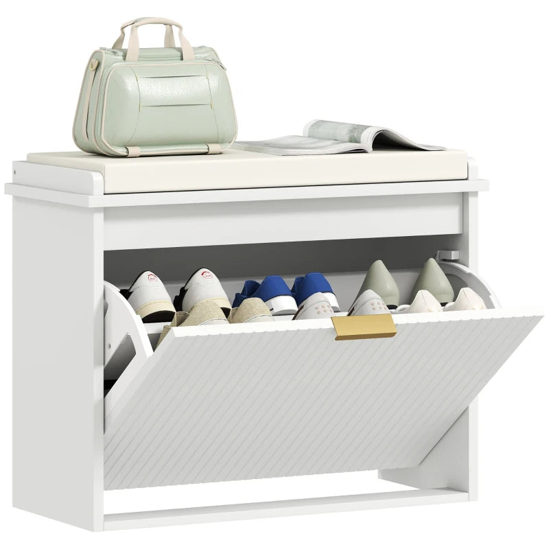 Entryway Bench with Padded Seat and Flip-Drawers, Holds up to 265lbs, Shoe Storage Bench for 6 Pairs of Shoes, White