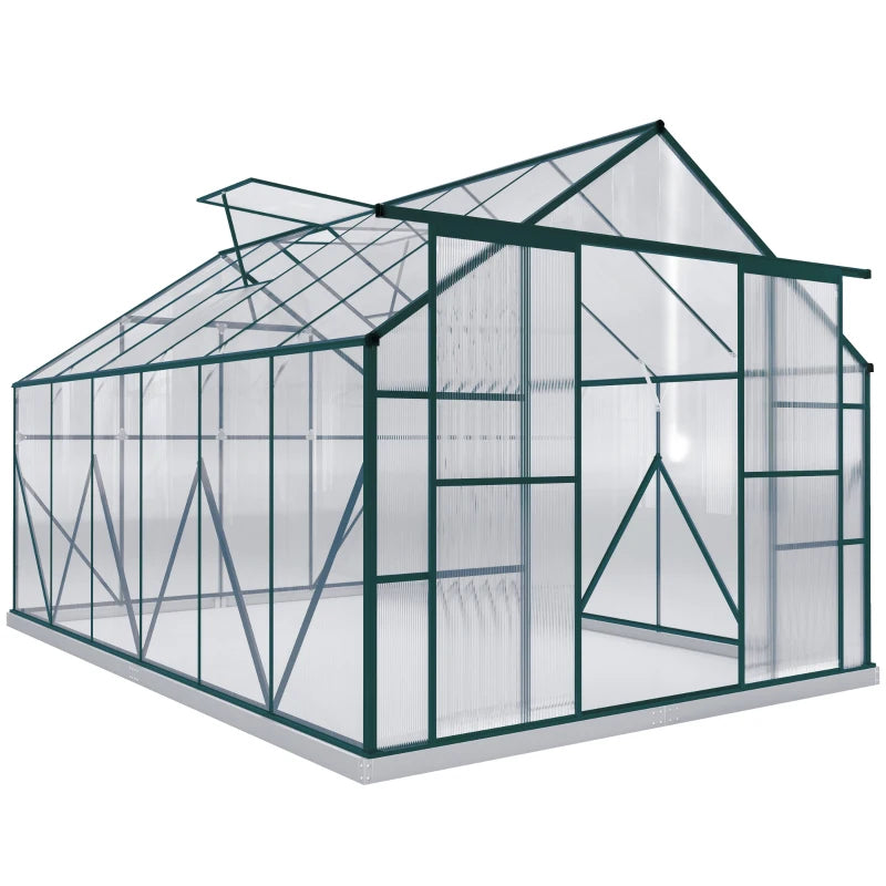 Aluminium Greenhouse Polycarbonate Walk-in Garden Greenhouse Kit with Adjustable Roof Vent, 8 x 12ft, Green