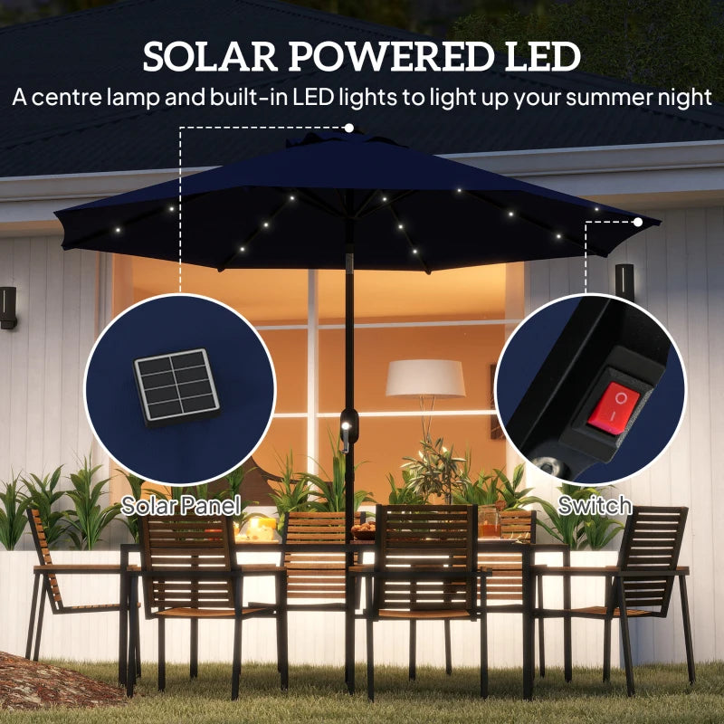 9ft Solar Patio Umbrella Outdoor Sunshade 24 LED Lights Tilt Canopy Navy Blue