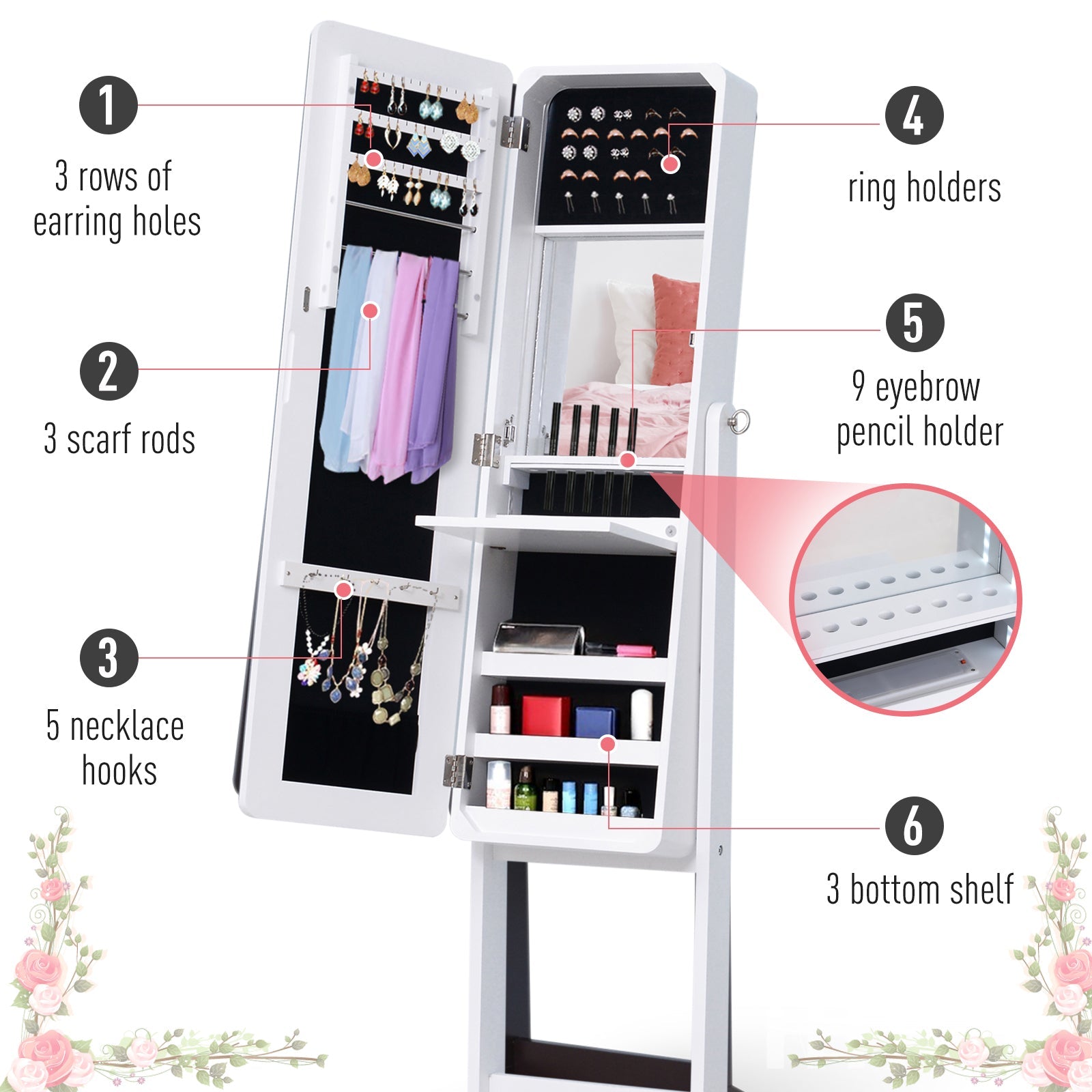 HOMCOM Mirrored Jewelry Armoire LED Lights Freestanding Organizer Adjustable Angle Lockable Cabinet White