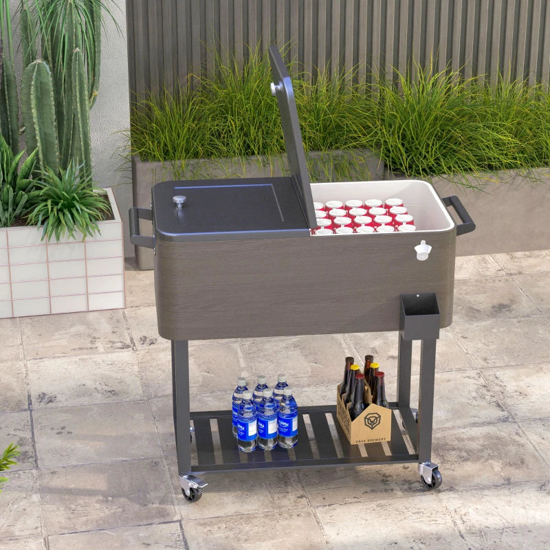 Outdoor Beverage Cooler Bar Cart, 67-Qt Patio Cooler Cart Rolling Ice Chest with Shelf, Bottle Opener and Wheels, Grey