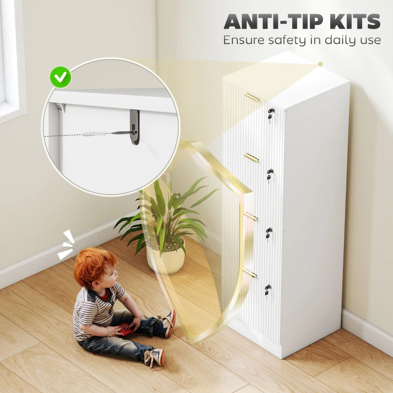 Lockable Filing Cabinet with 4 Fluted Drawers, File Cabinet with Adjustable Hanging Rails for A4 Letter Files, White