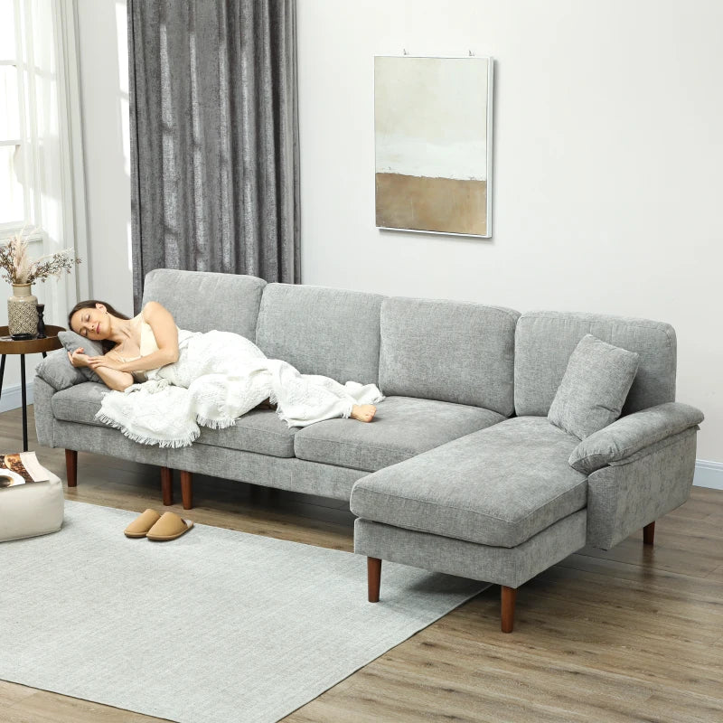 L-Shape Sofa, Modern Sectional Couch with Changeable Chaise Lounge, Pillows and Wooden Legs for Living Room, Grey