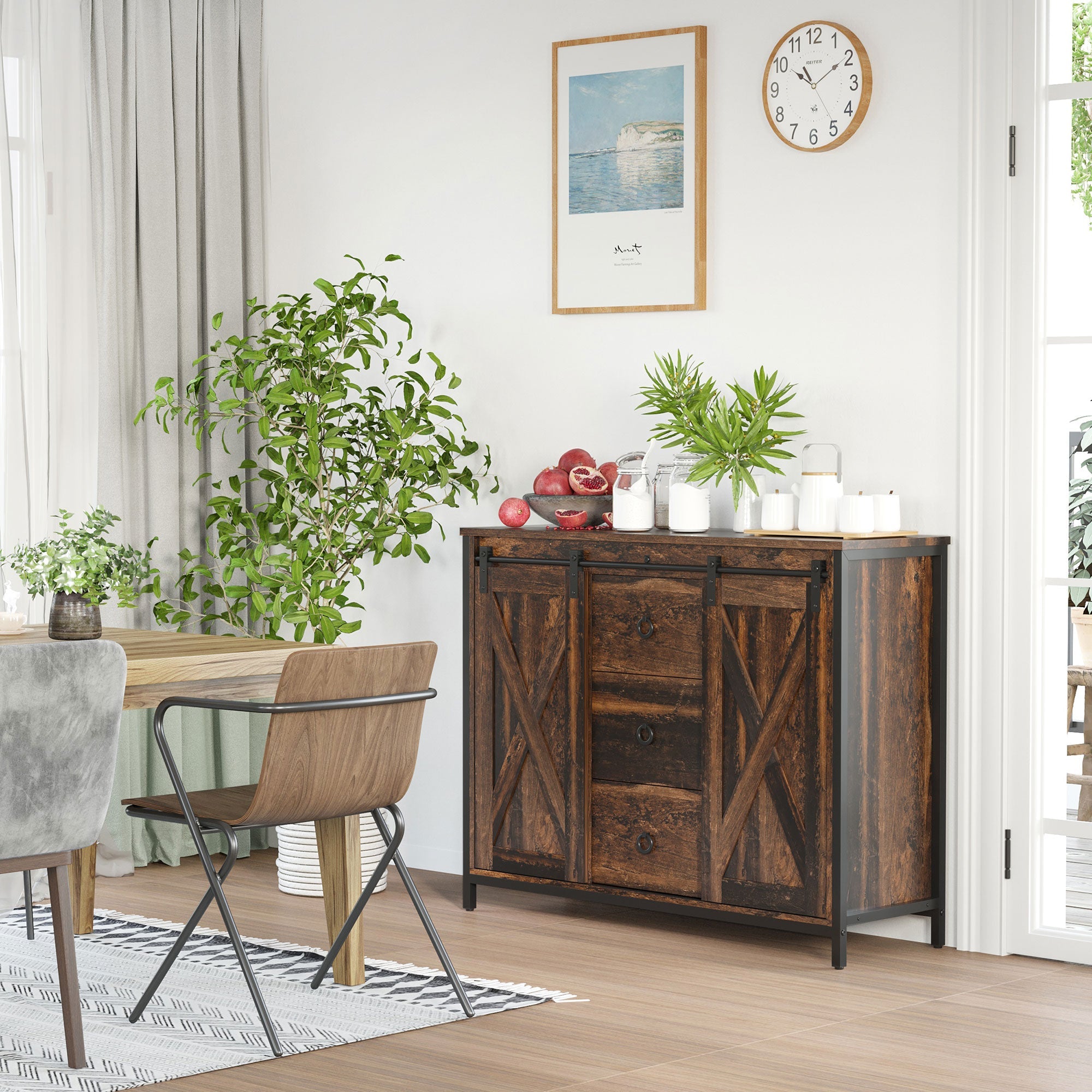 HOMCOM Rustic Brown Industrial Cabinet: Kitchen Sideboard with Sliding Barn Doors, 3 Drawers & Adjustable Shelves