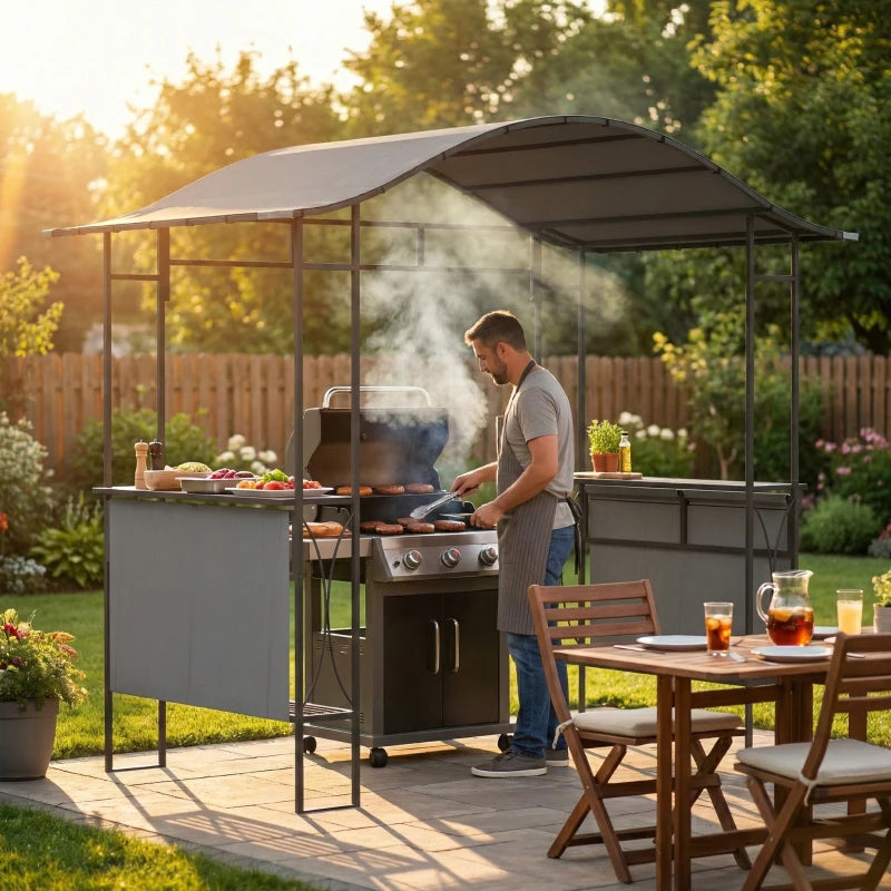 8' x 5' Grill Gazebo Canopy, Outdoor BBQ Shelter with 2 Side Shelves, Dark Grey