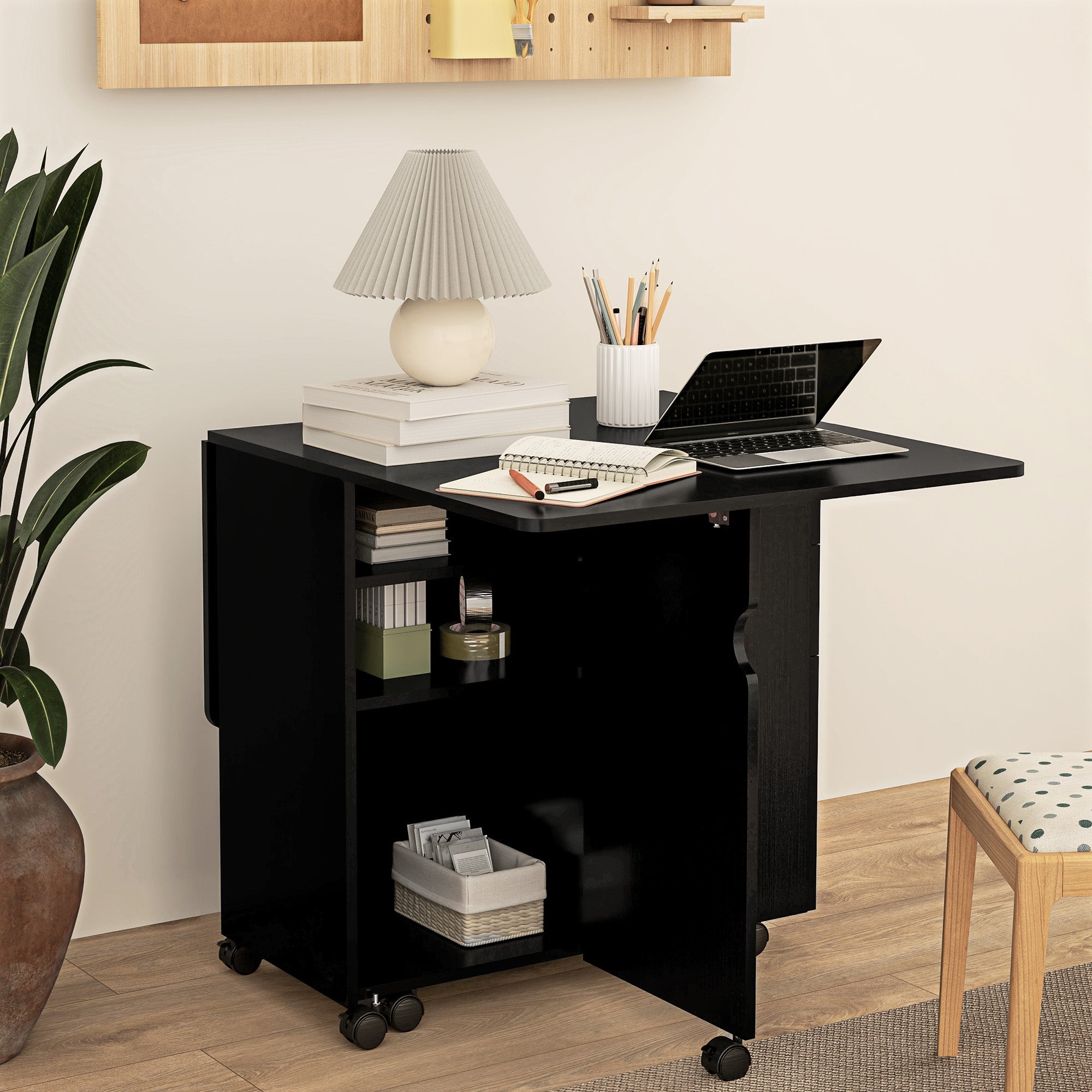 HOMCOM Extendable Dining Table, Drop Leaf Table with 2 Drawers, Cabinet and 6 Wheels for Small Spaces, Kitchen, Black Wood Grain