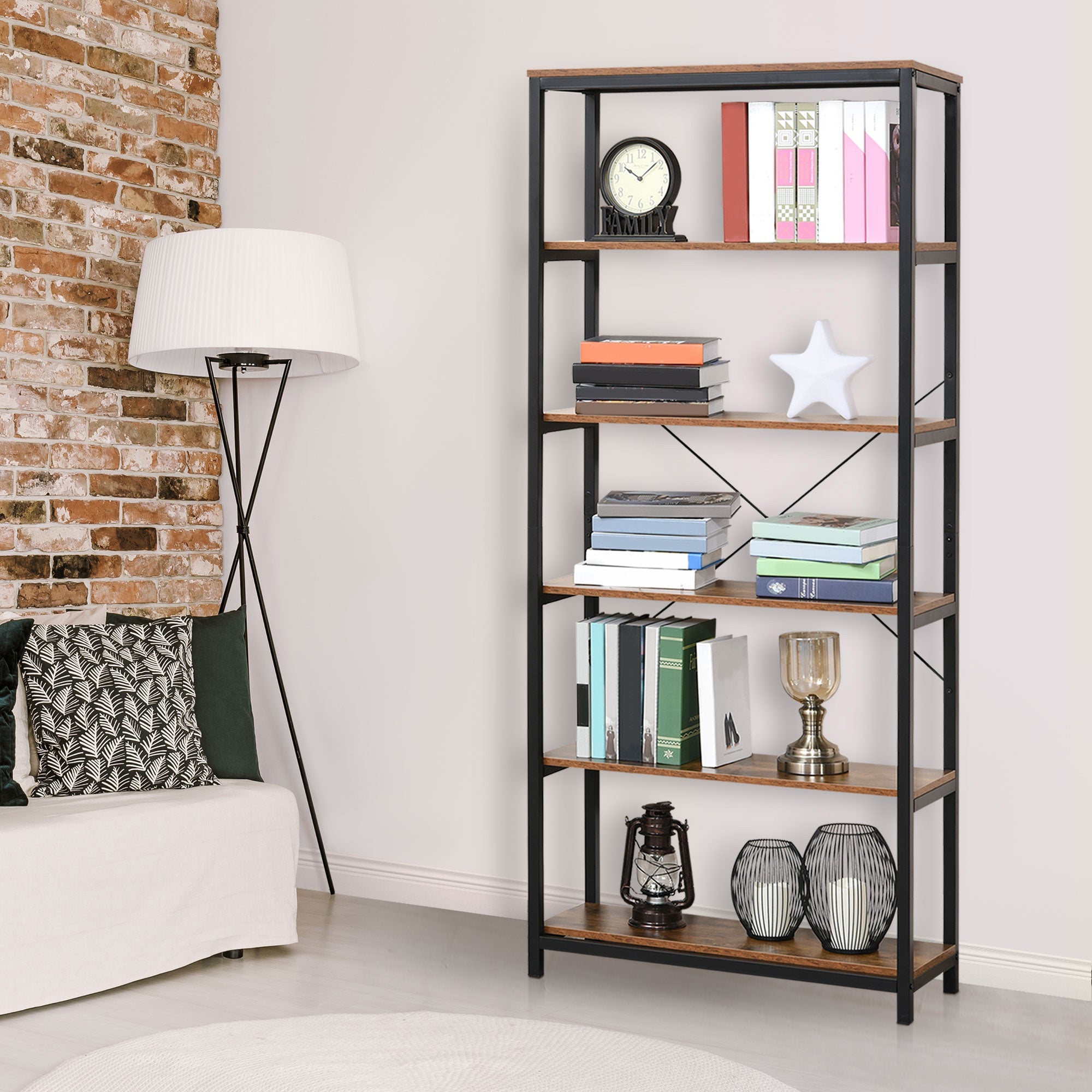 HOMCOM Bookcase 6-Tier Retro Industrial Metal Frame Display Shelf Living Room Study