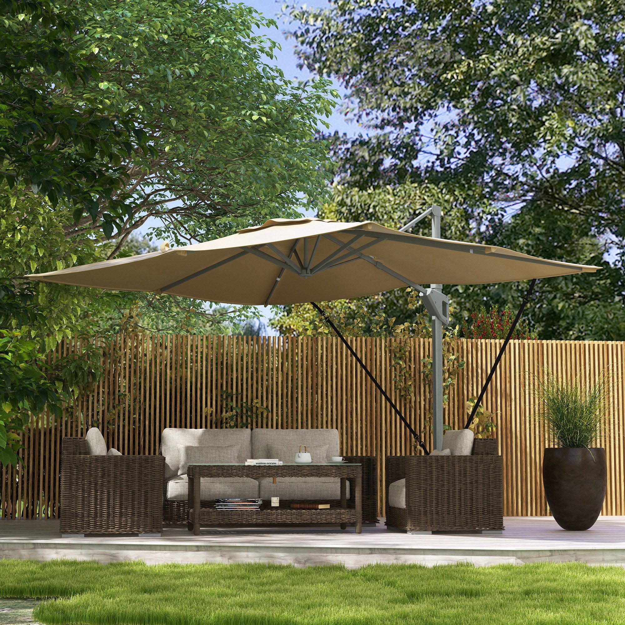 Outsunny 13 FT Cantilever Umbrella in Khaki - Aluminum, 360° Rotation, Crank, Tilt, with Cross Base