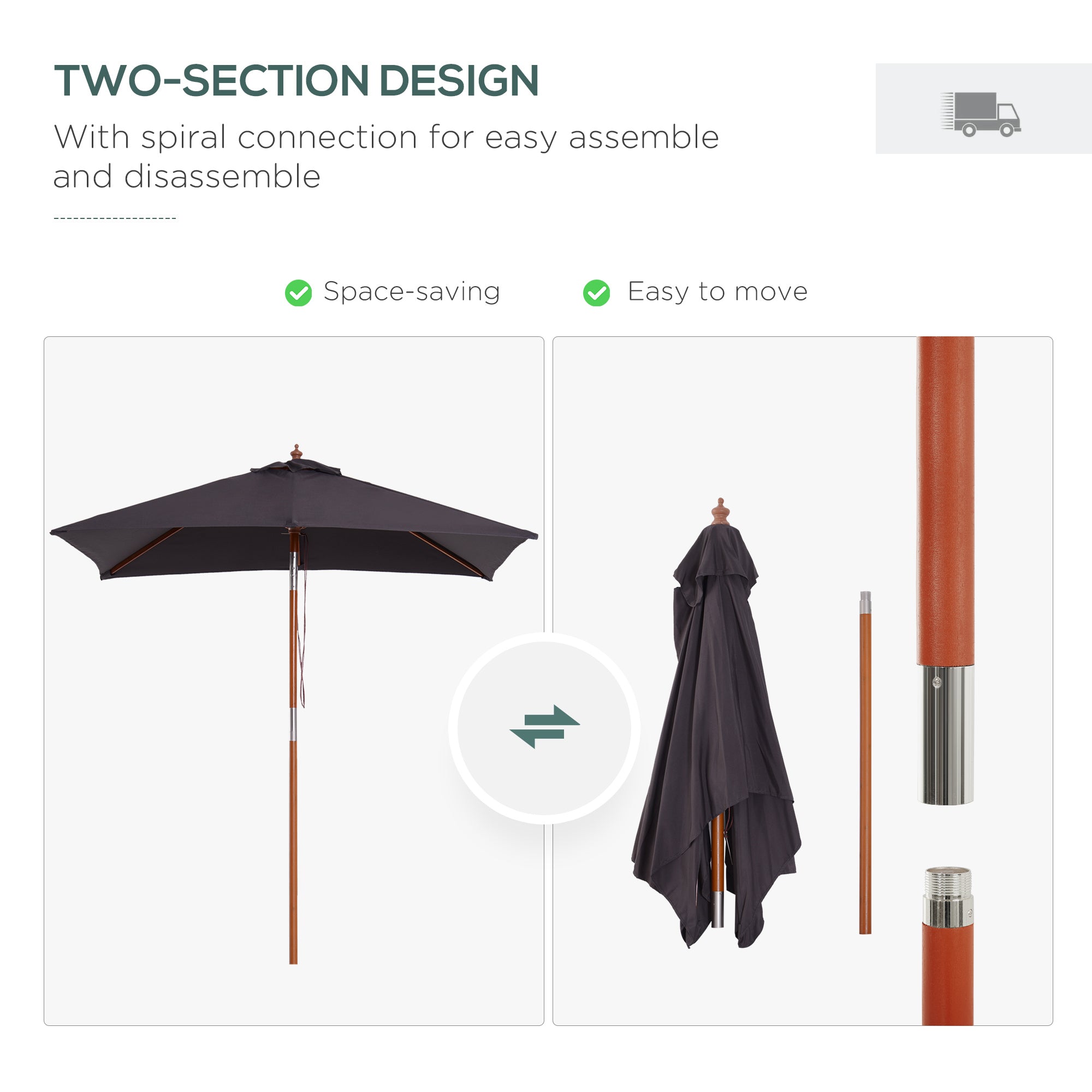 Outsunny Market Umbrella: 6.6x5ft Square Wooden Tilt 6 Bamboo Ribs Dark Grey