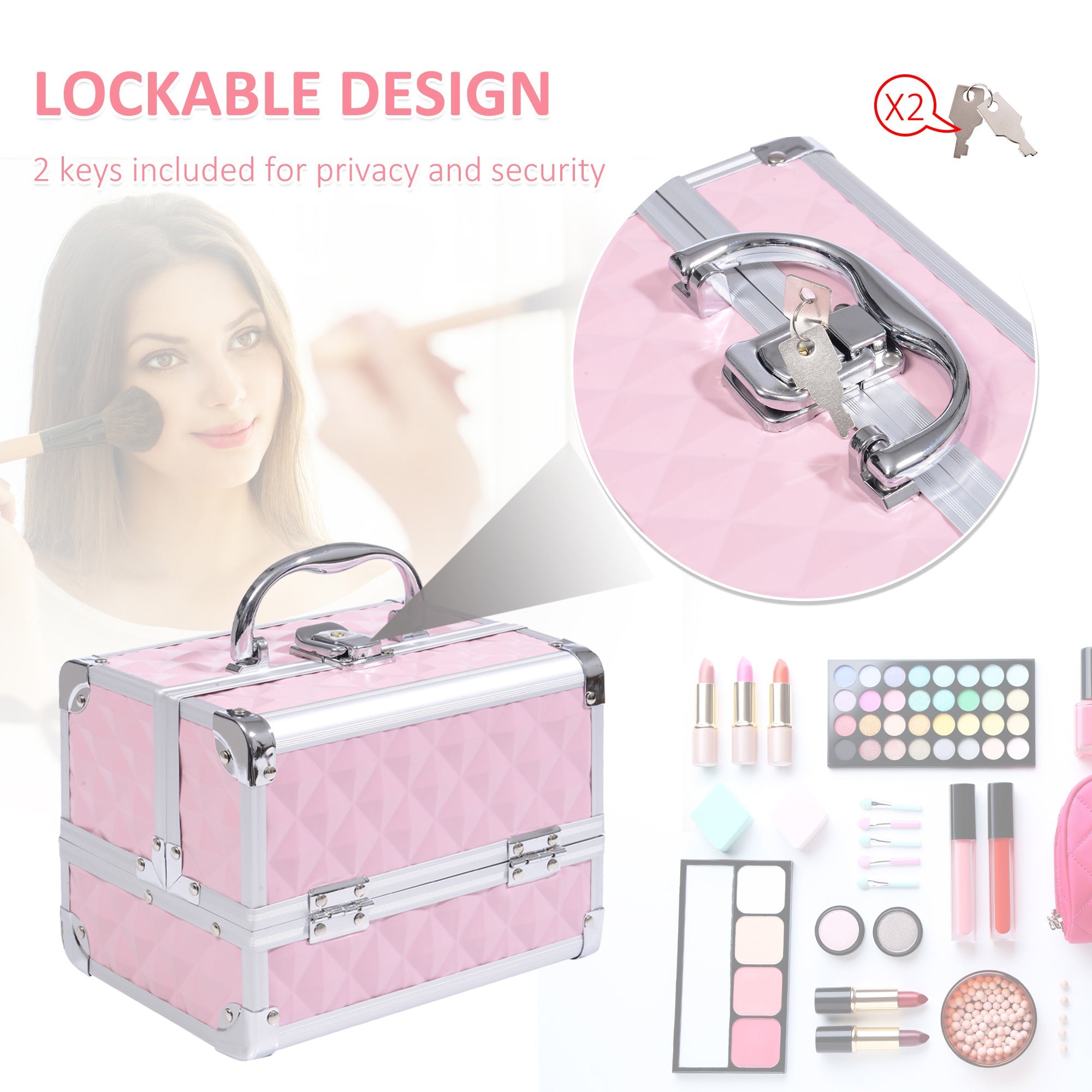 HOMCOM Cosmetic Train Case 3 Tier Diamond Texture Organizer with Mirror Portable Pink 8"x6"x6"