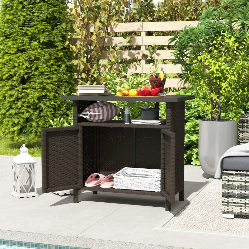Wicker Outdoor Storage Cabinet with Two Doors and Shelf for Outdoor Pool Towel Storage, Dark Coffee