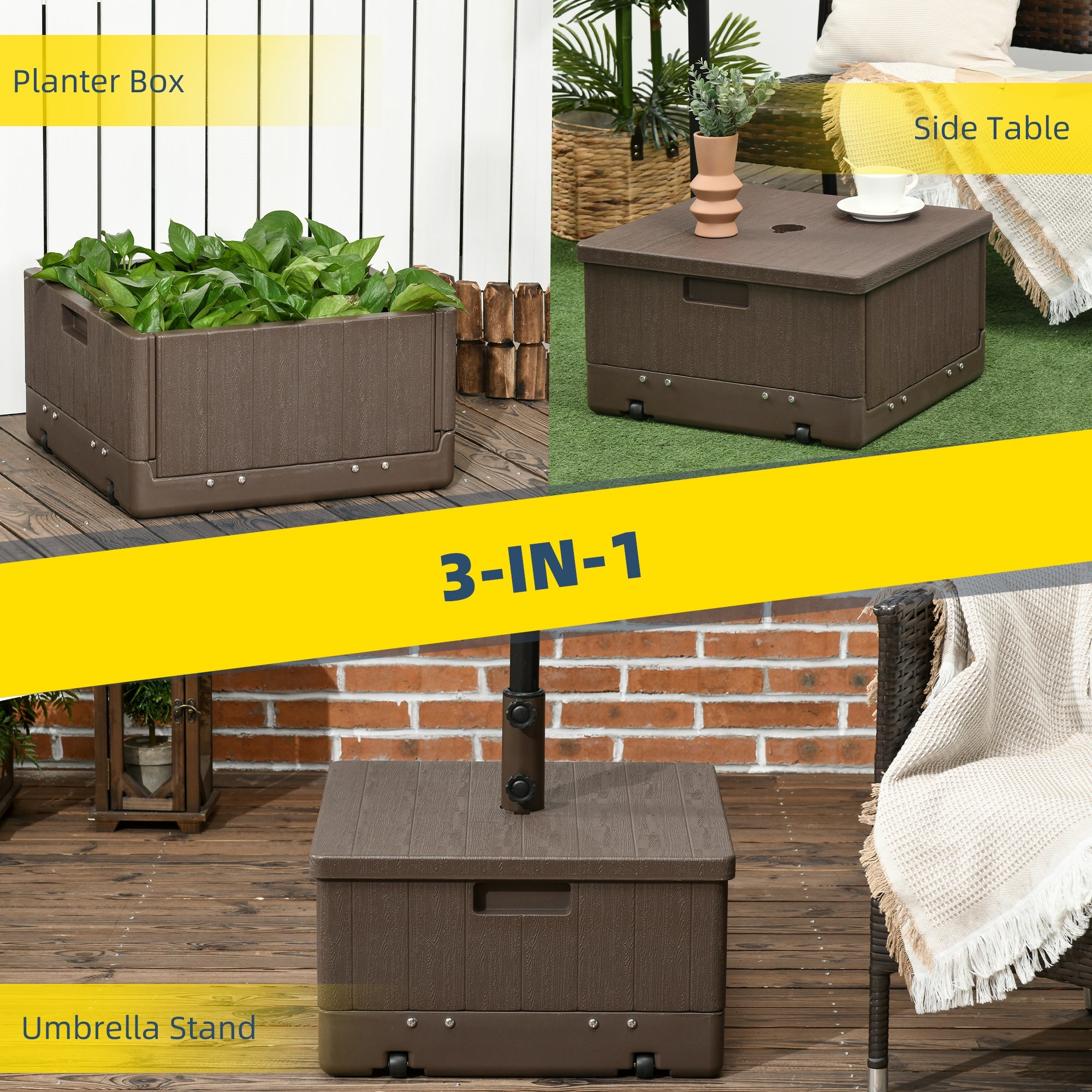 Outsunny 3-in-1 Outdoor Umbrella Base with Wheels, Side Table, Planter Box, 175lbs Heavy Duty Patio Umbrella Stand, Brown