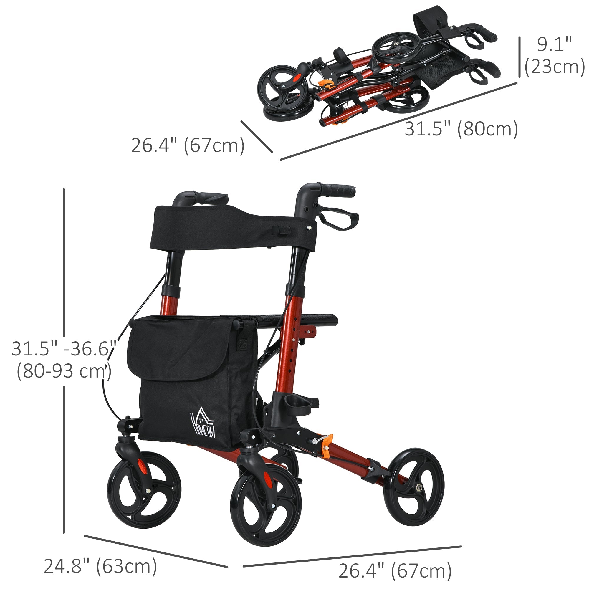 HOMCOM Rollator for Seniors with Seat, Back, Cane Holder, Aluminium Folding Rolling Walker with Adjustable Handle, Bag, Red